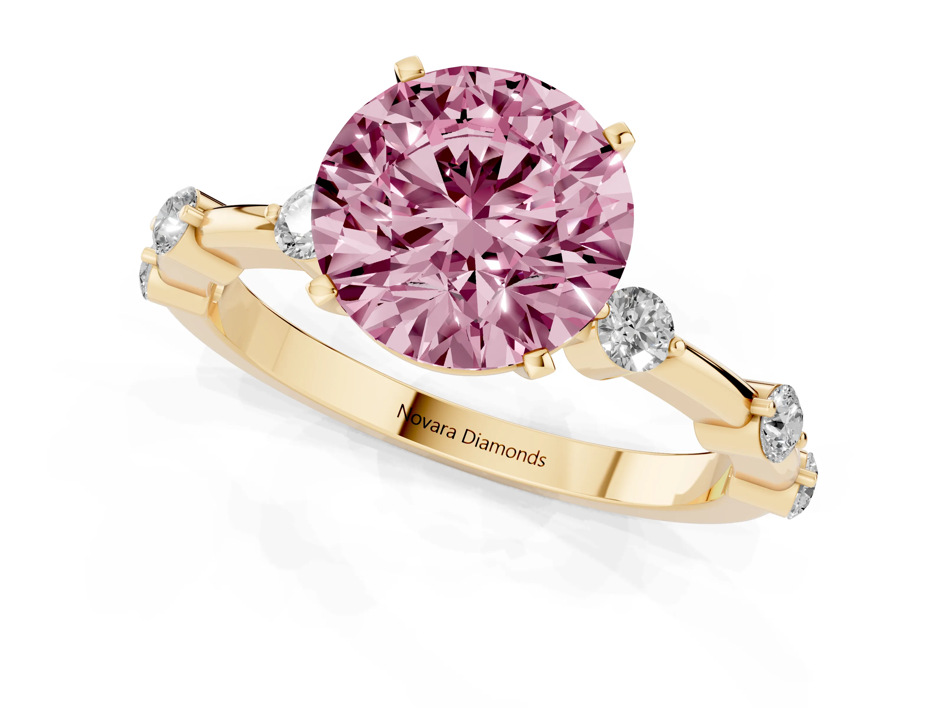 Fancy Pink Round Cut Diamond Solitaire Ring Set in Yellow gold with Bezel Set Side Stones and Prong Setting