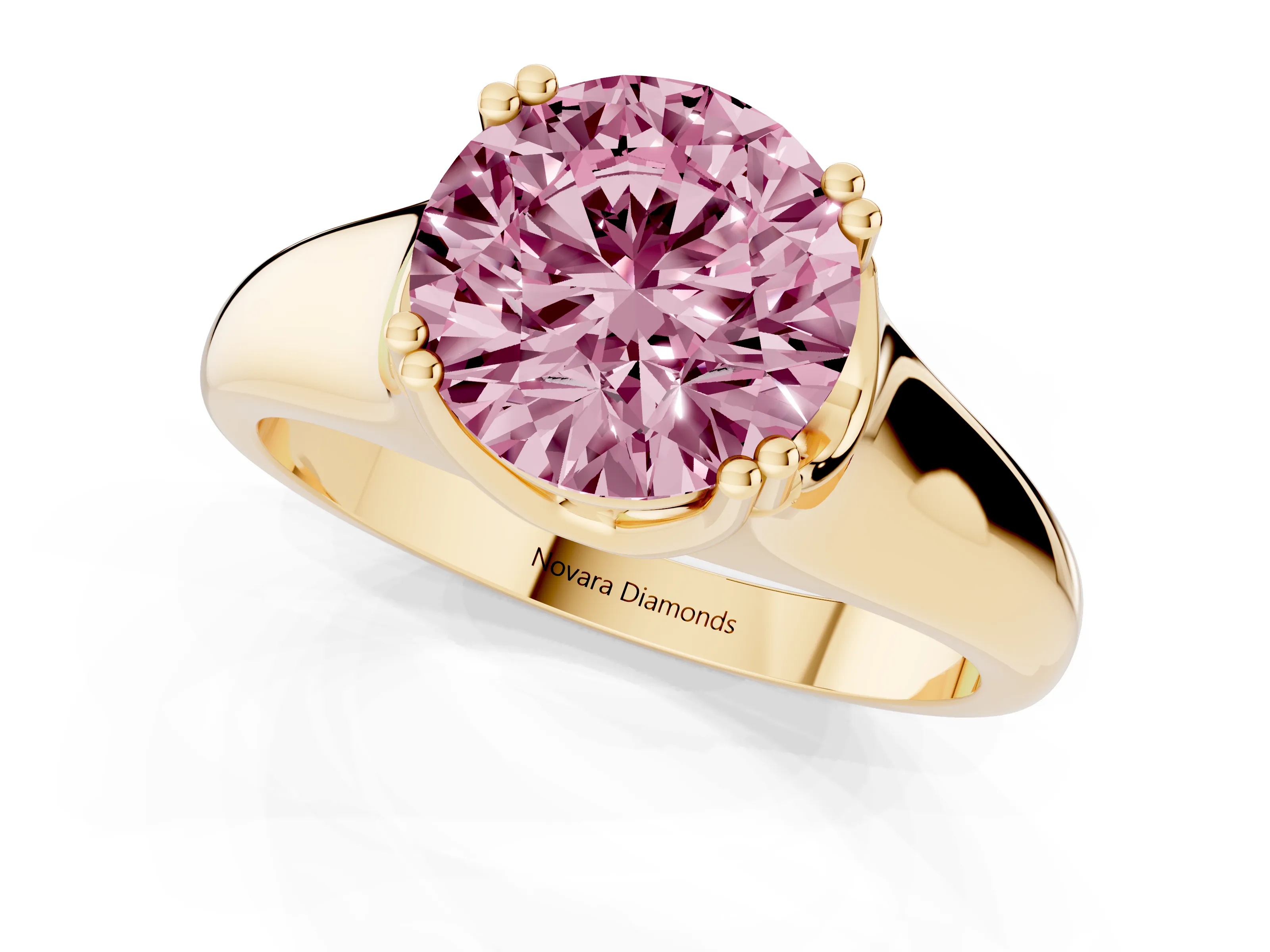 Fancy Pink Round Cut Diamond Solitaire Ring Set in Yellow gold with Wide Band and Prong Setting