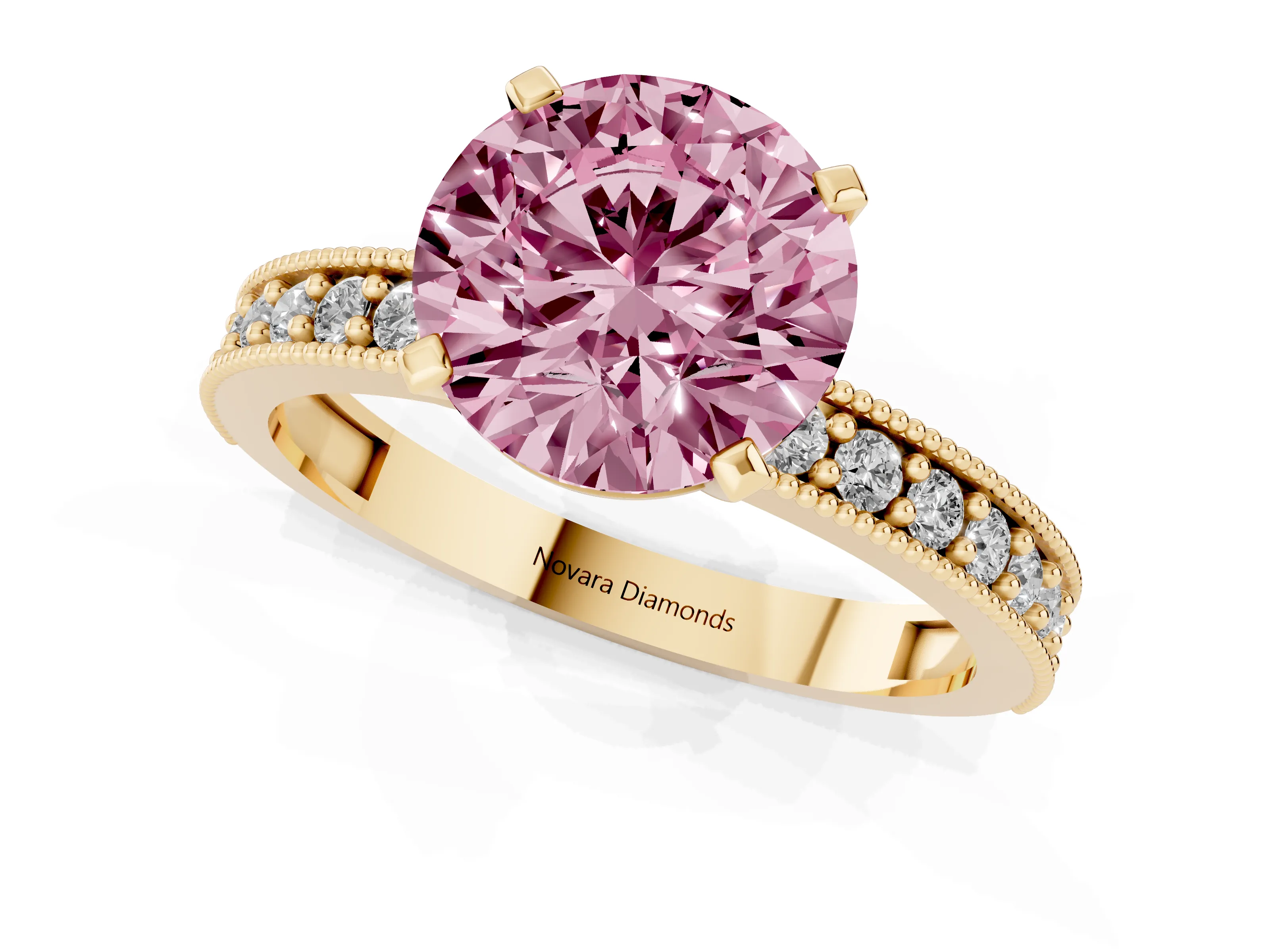 Fancy Pink Round Cut Diamond Milgrain Pavé Engagement Ring Set in Yellow gold with Prong Setting