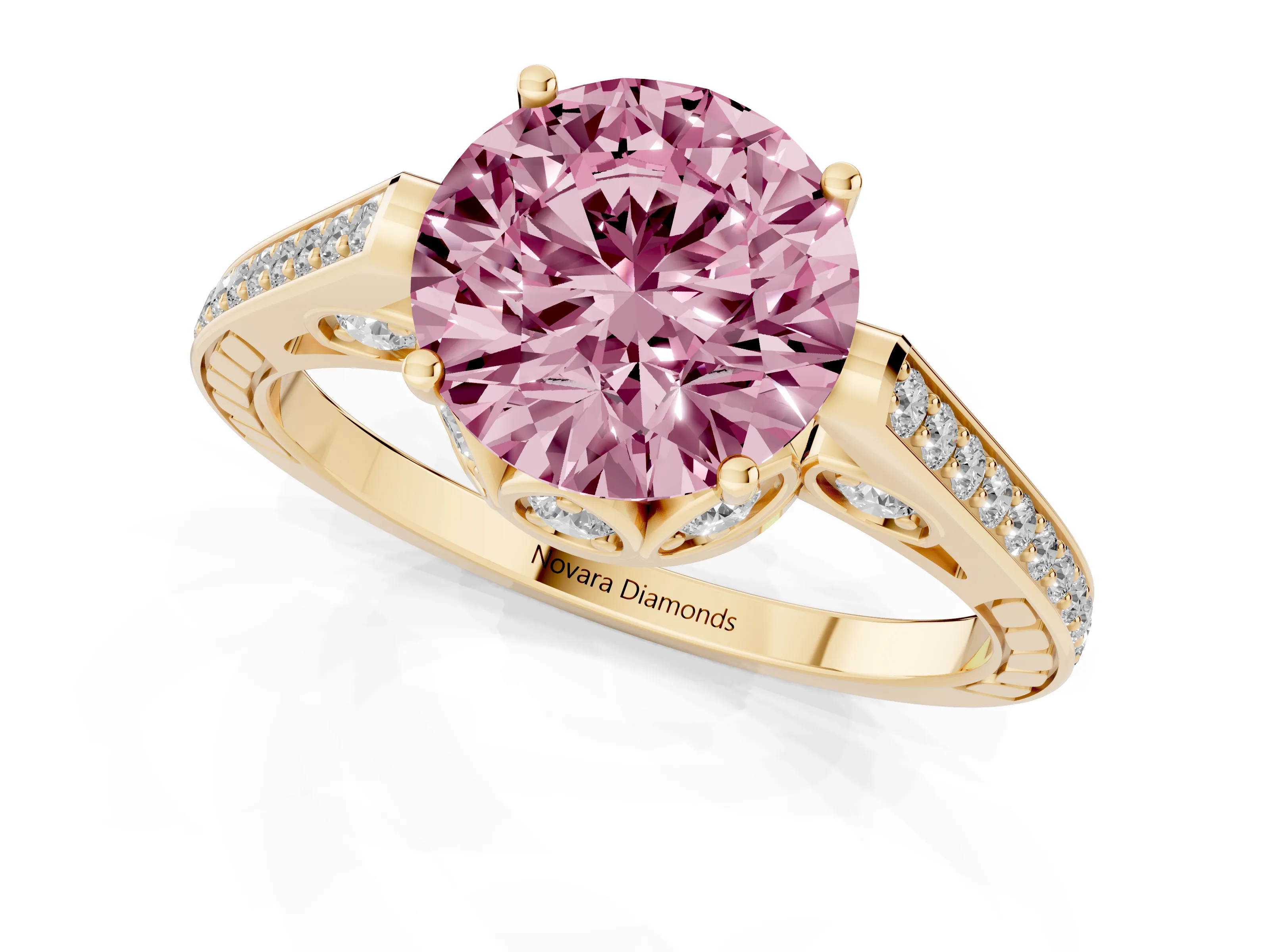 Fancy Pink Round Cut Diamond Cathedral Pavé Engagement Ring Set in Yellow gold with Prong Setting