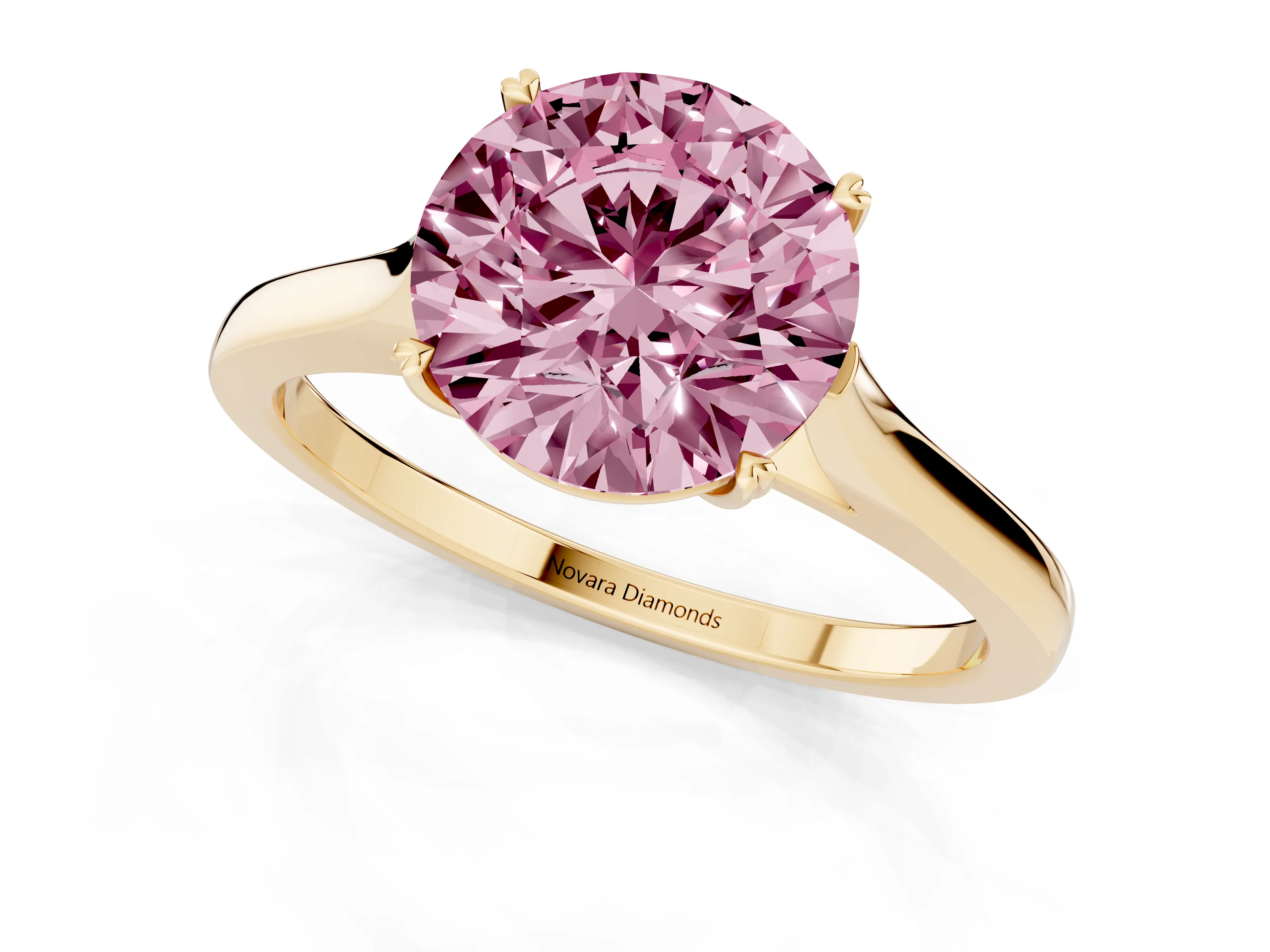 Fancy Pink Round Cut Diamond Solitaire Heart Prong Engagement Ring Set in Yellow gold with Tapered Band