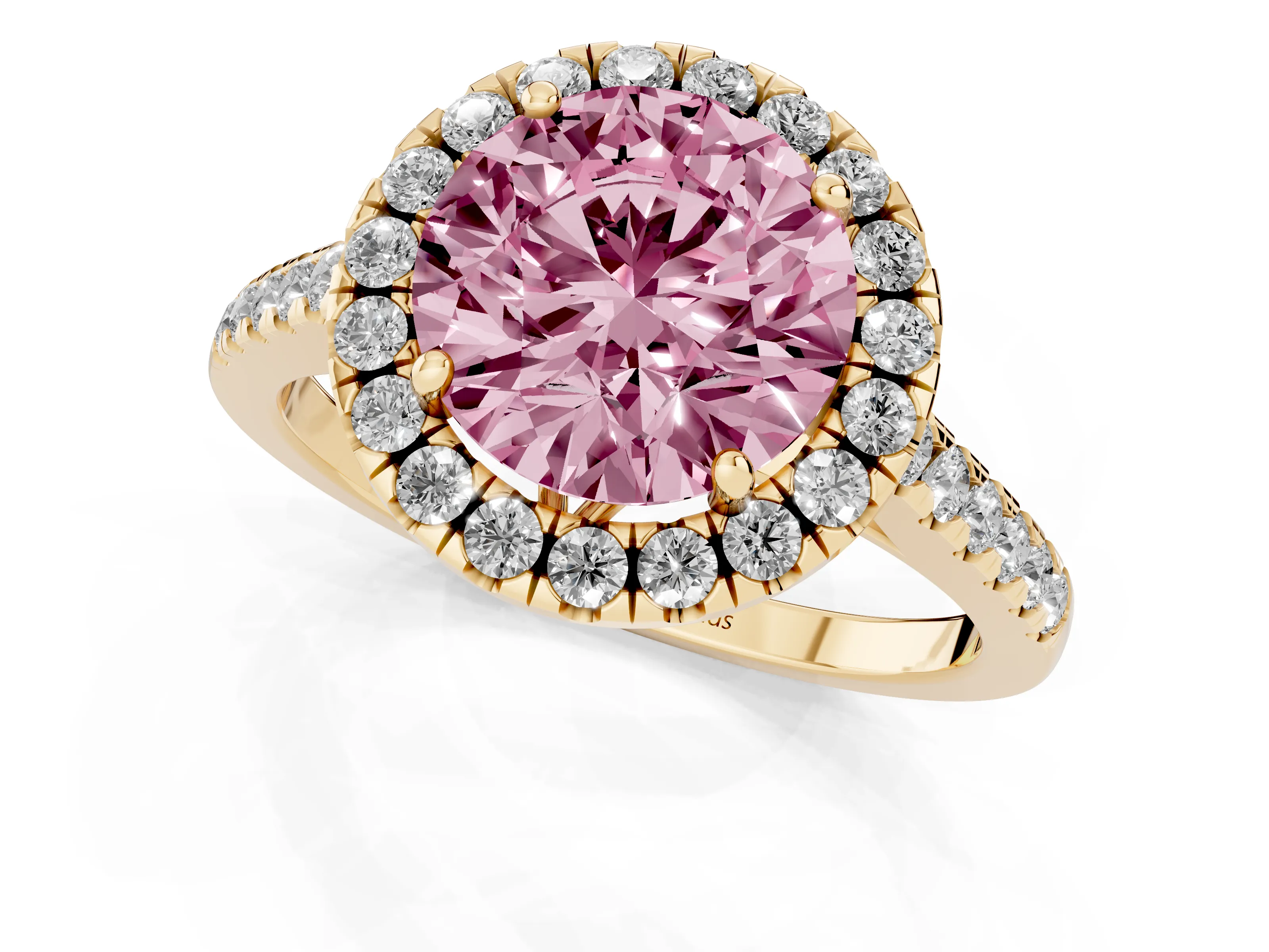 Fancy Pink Round Cut Diamond Pavé Halo Engagement Ring Set in Yellow gold with Pavé Band and Prong Setting