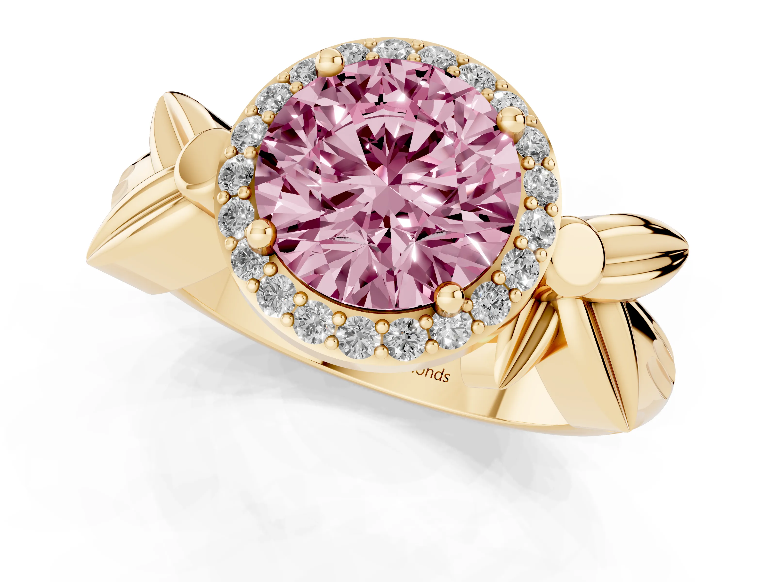 Fancy Pink Round Cut Diamond Halo Floral Band Ring Set in Yellow gold with Prong Setting