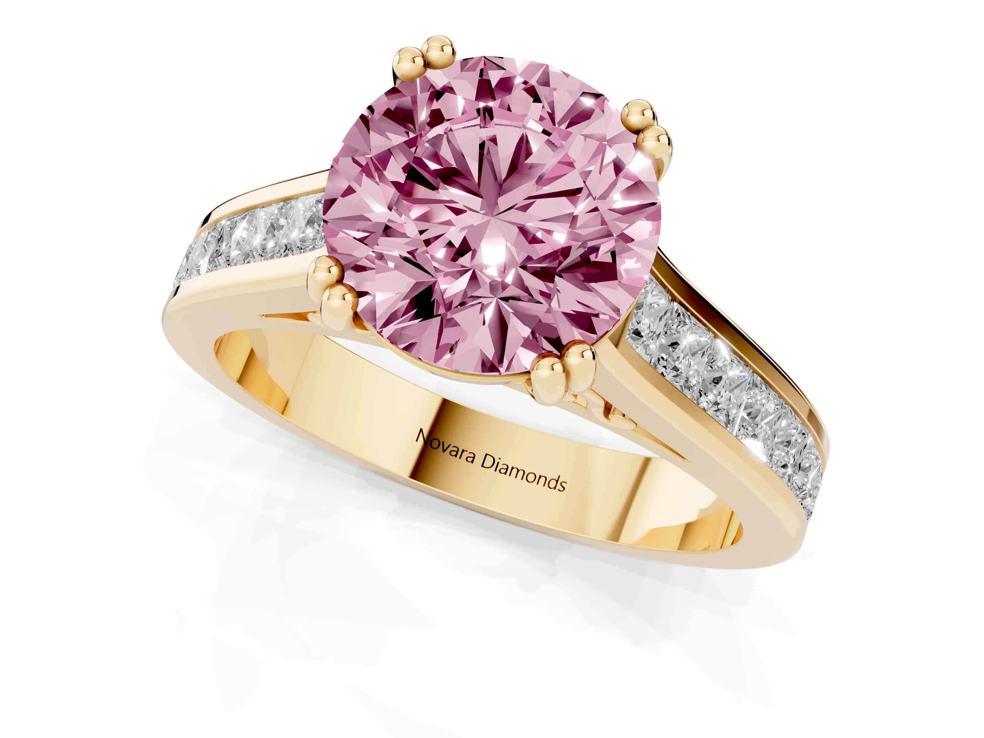 Fancy Pink Round Cut Diamond Channel Set Solitaire Engagement Ring Set in Yellow gold with Prong Setting