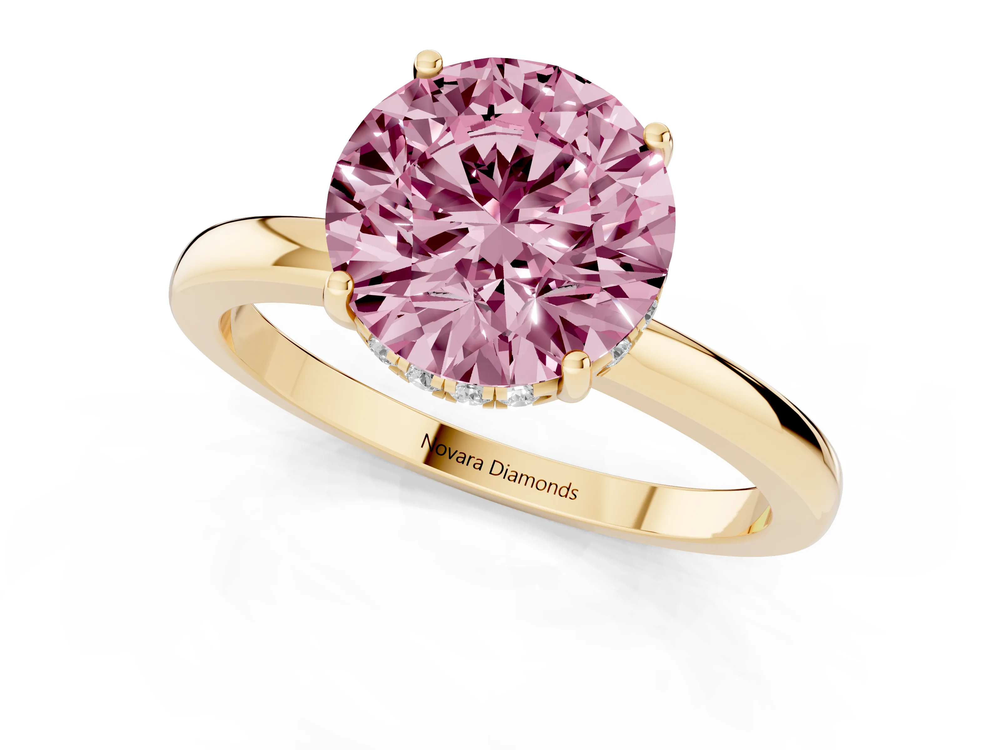 Fancy Pink Round Cut Diamond Solitaire Ring Set in Yellow gold with Plain Band and Prong Setting