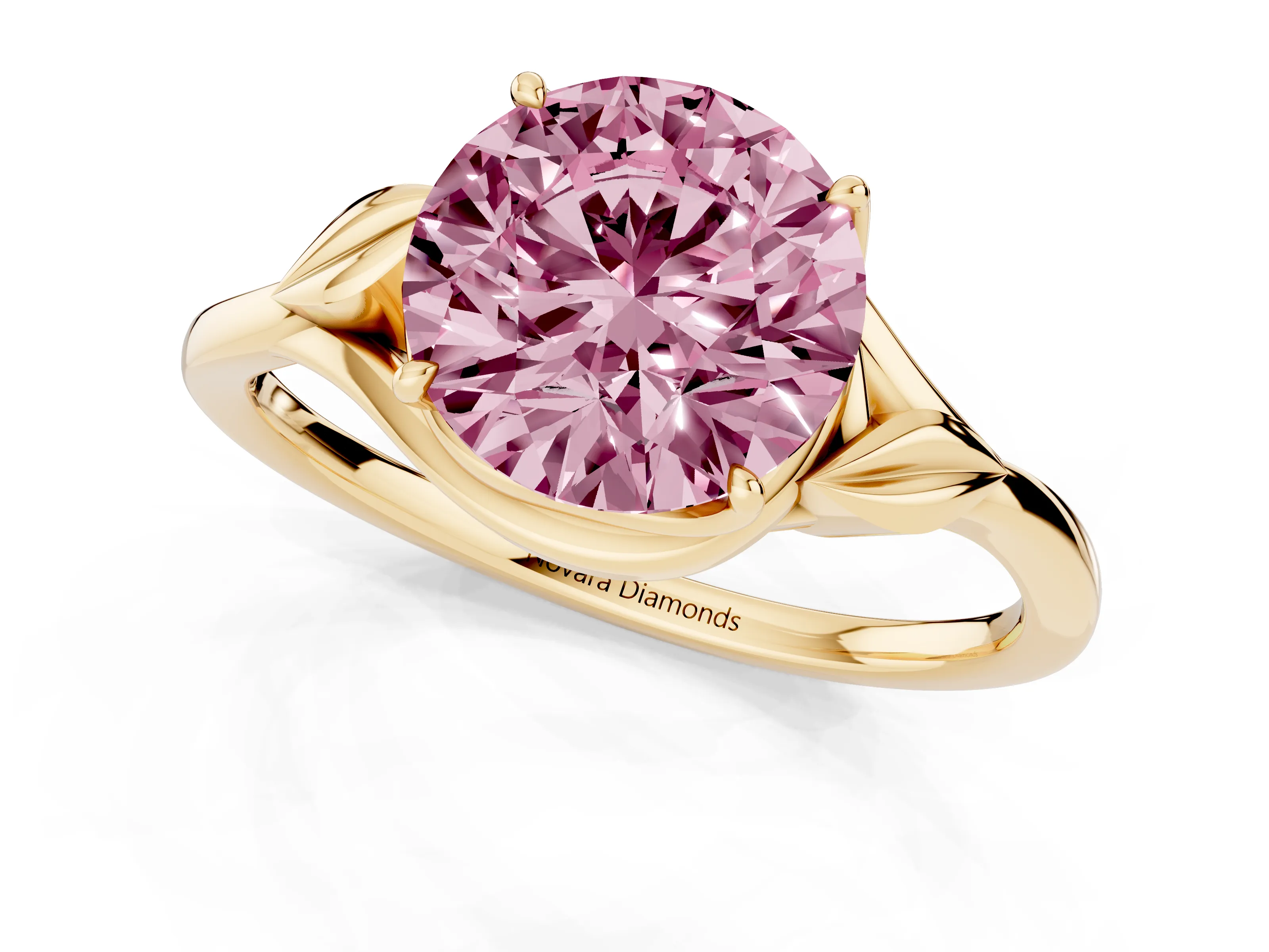 Fancy Pink Round Cut Diamond Solitaire Ring Set in Yellow gold with Polished Twist Band