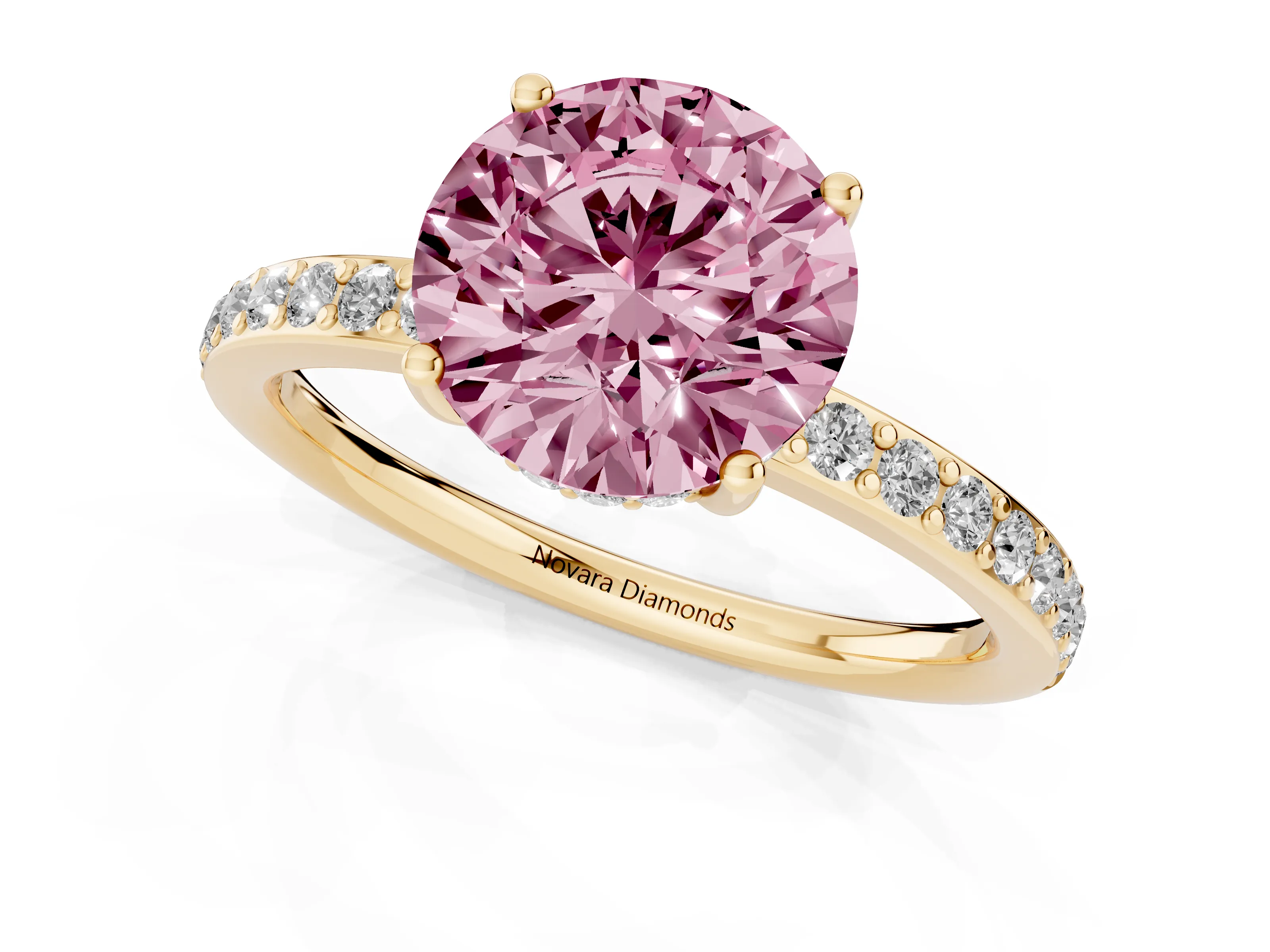 Fancy Pink Round Cut Diamond Pavé Band Ring Set in Yellow gold with Prong-Set Center Stone