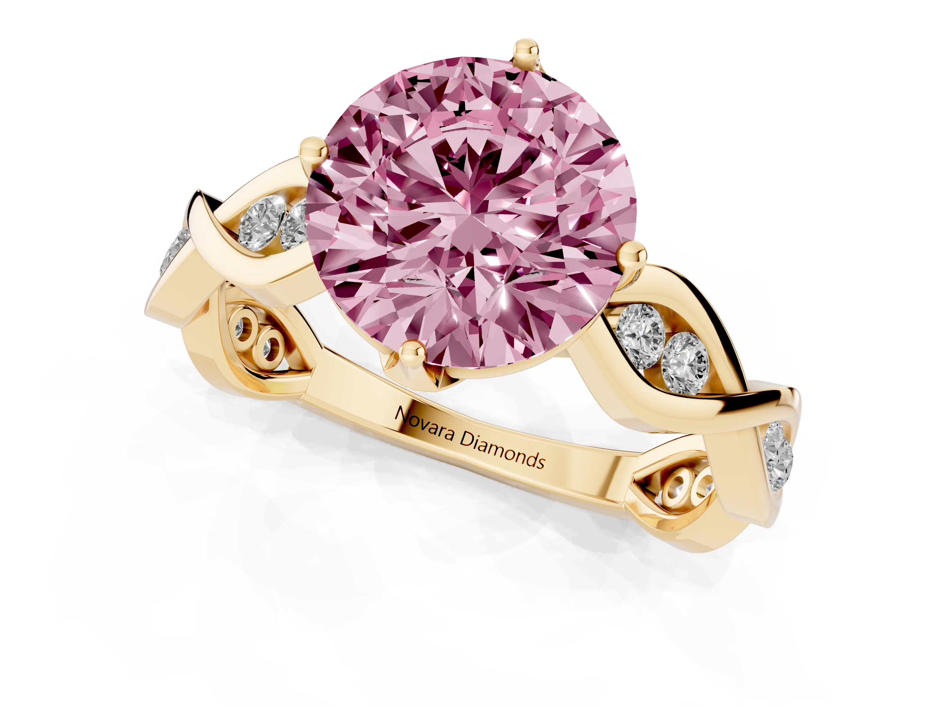 Fancy Pink Round Cut Diamond Twist Band Solitaire Ring Set in Yellow gold with Leaf Prong Setting and Accent Stones
