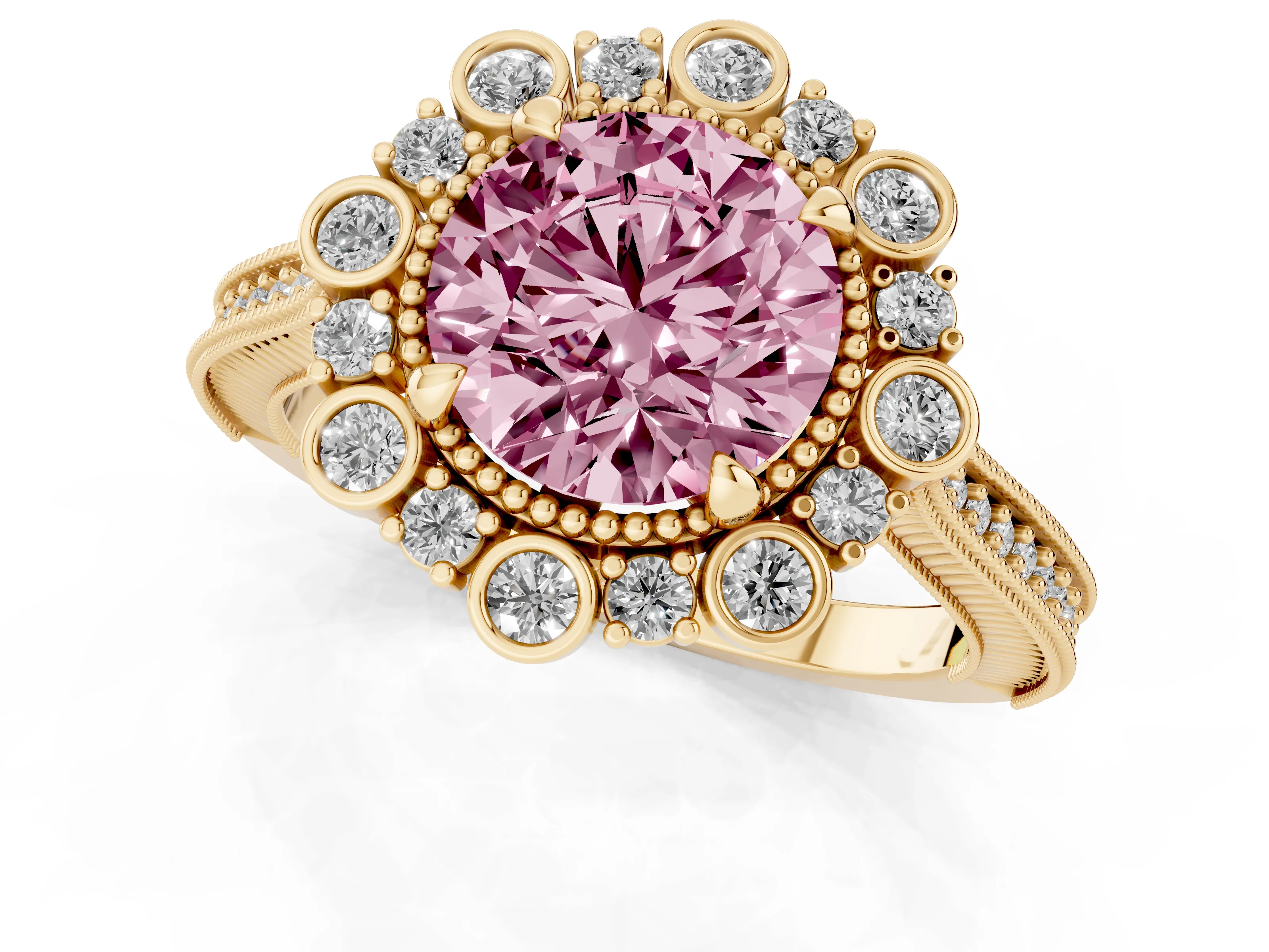 Fancy Pink Round Cut Diamond Halo Milgrain Pavé Ring Set in Yellow gold with Prong Setting