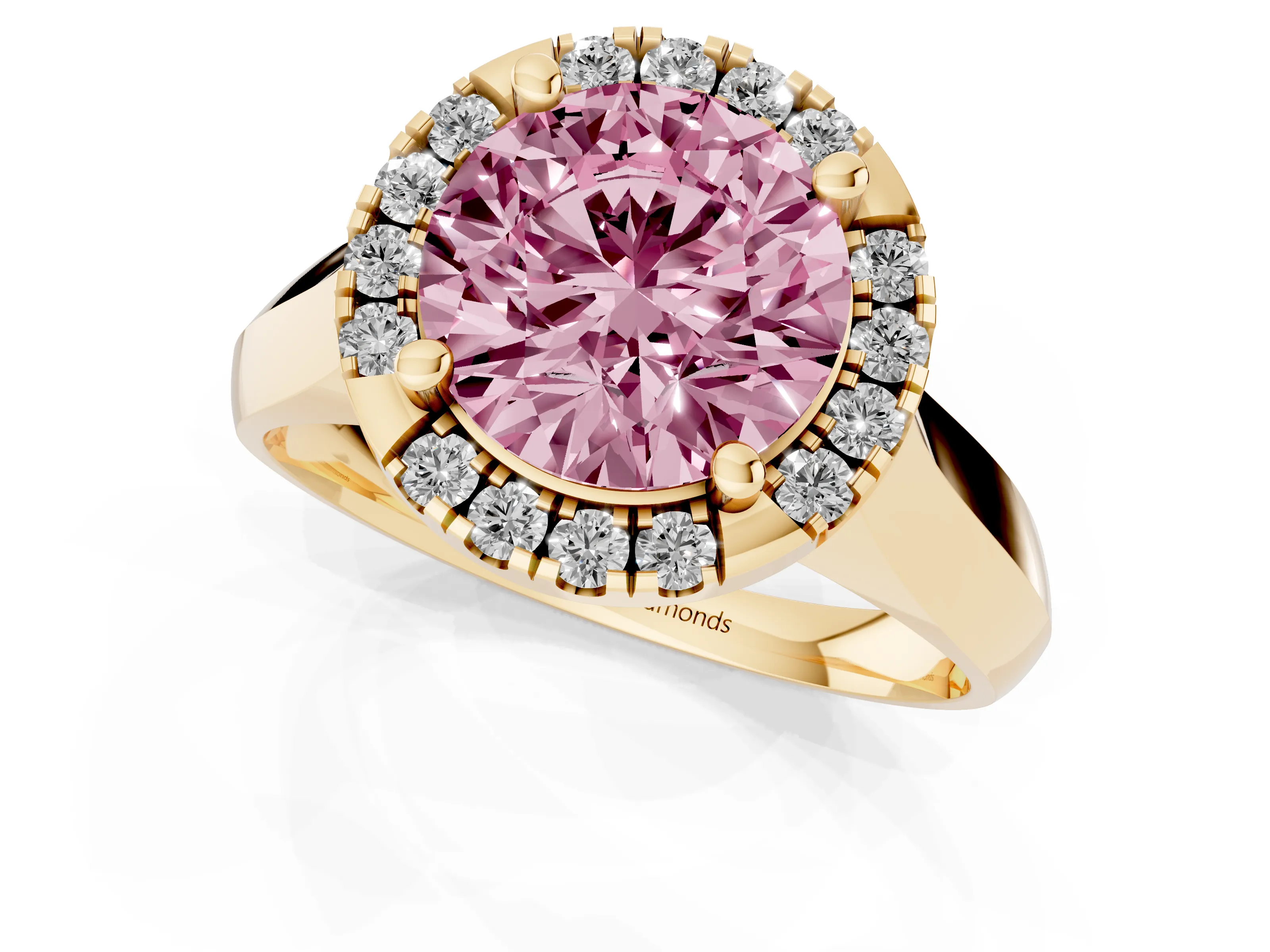 Fancy Pink Round Cut Diamond Halo Solitaire Engagement Ring Set in Yellow gold with Square Band and Prong Setting