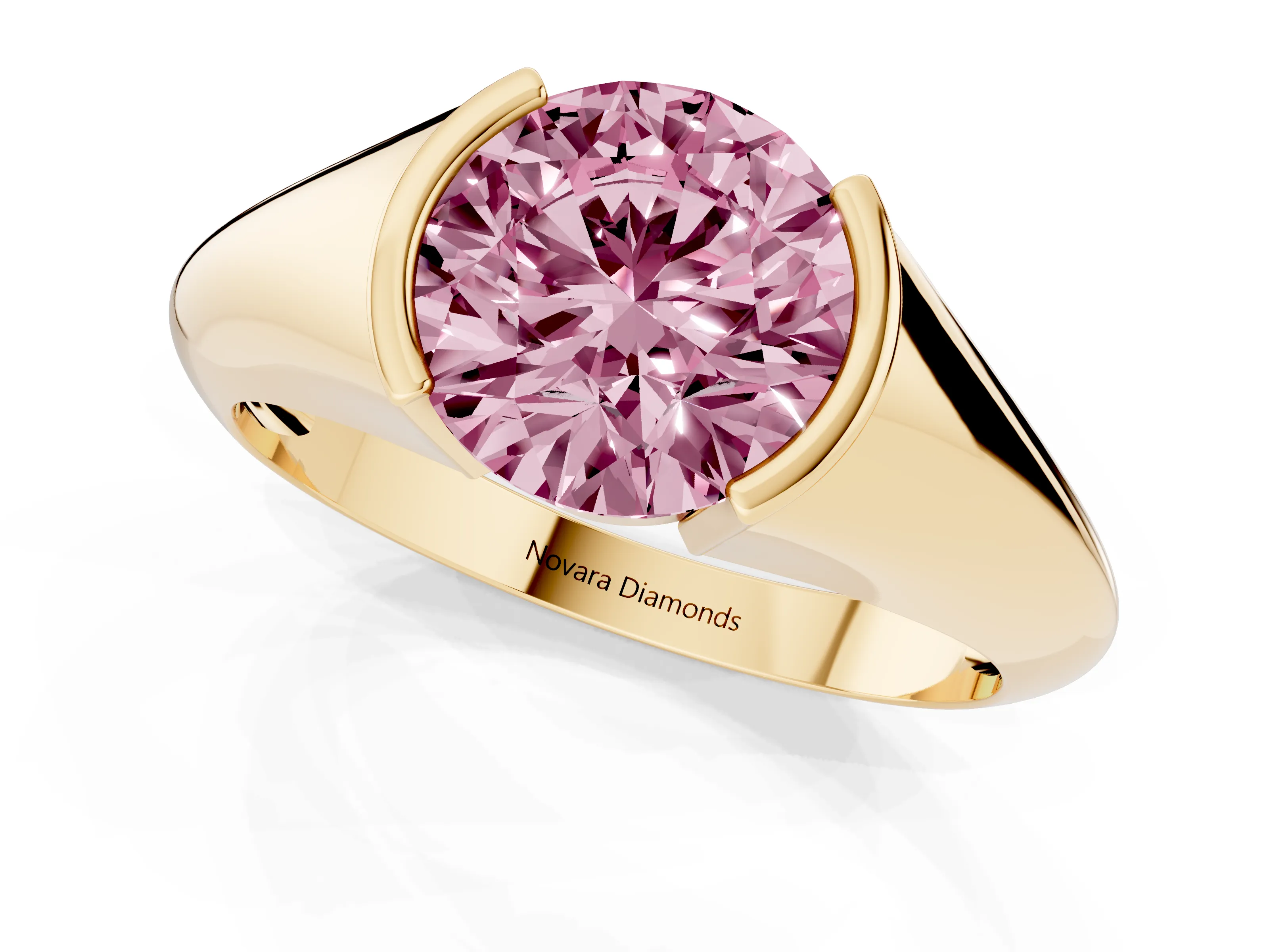 Fancy Pink Round Cut Diamond Solitaire Tension Set Ring Set in Yellow gold