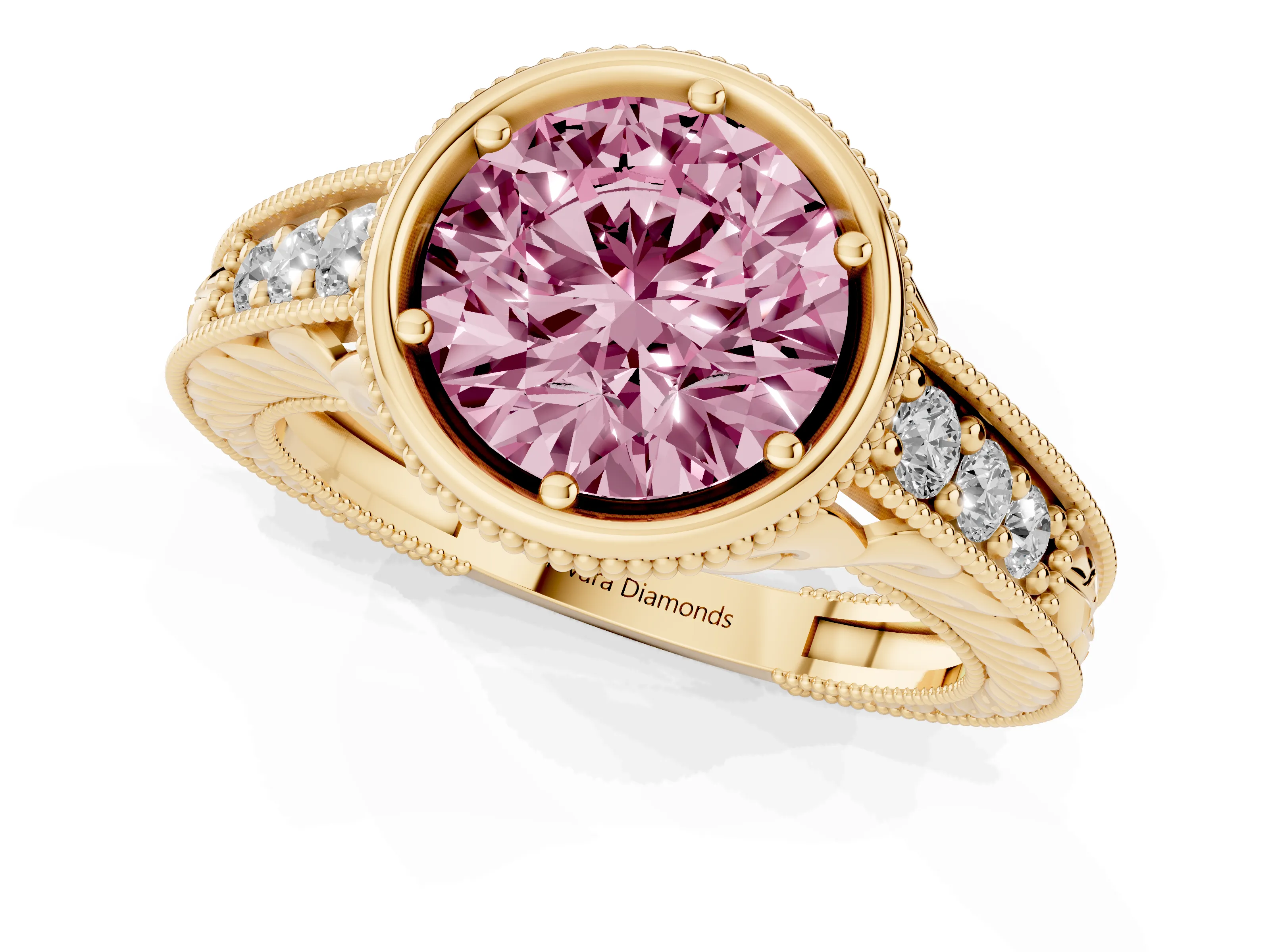 Fancy Pink Bezel Set Round Cut Diamond Milgrain Pavé Engagement Ring Set in Yellow gold