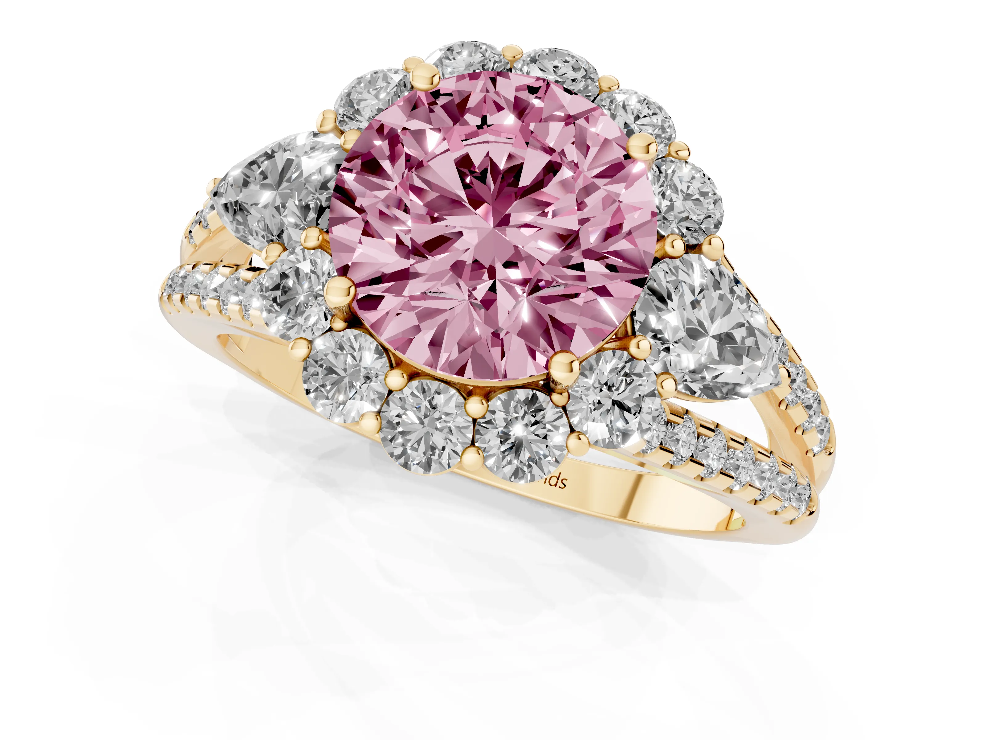 Fancy Pink Round Cut Diamond Halo Split Shank Engagement Ring Set in Yellow gold with Prong-Held Center Stone