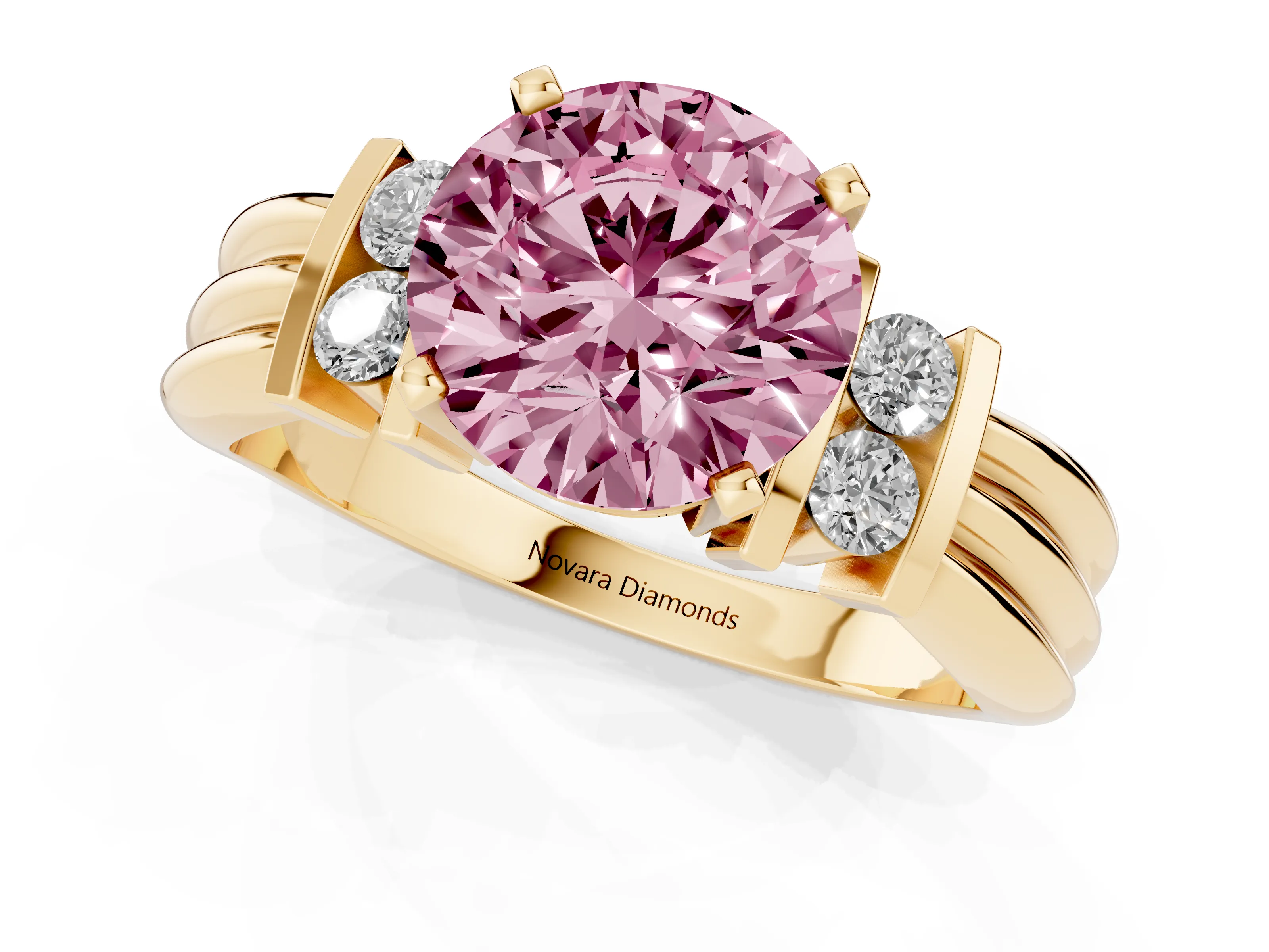 Fancy Pink Three-Stone Round Cut Diamond Channel Set Ring Set in Yellow gold with Bar Prongs