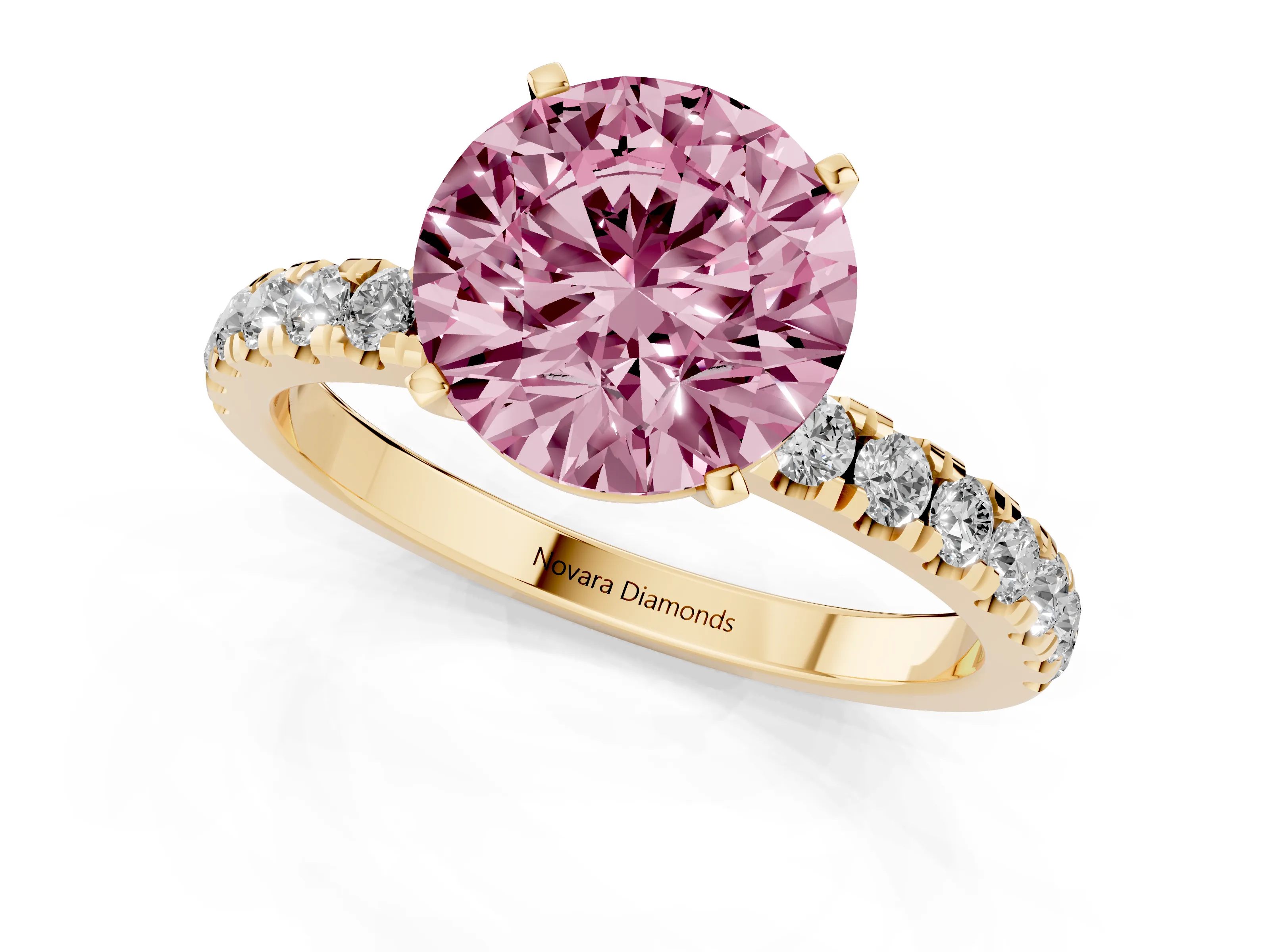 Fancy Pink Round Cut Diamond Solitaire Ring Set in Yellow gold with Pavé Accents and Prong Setting – second view