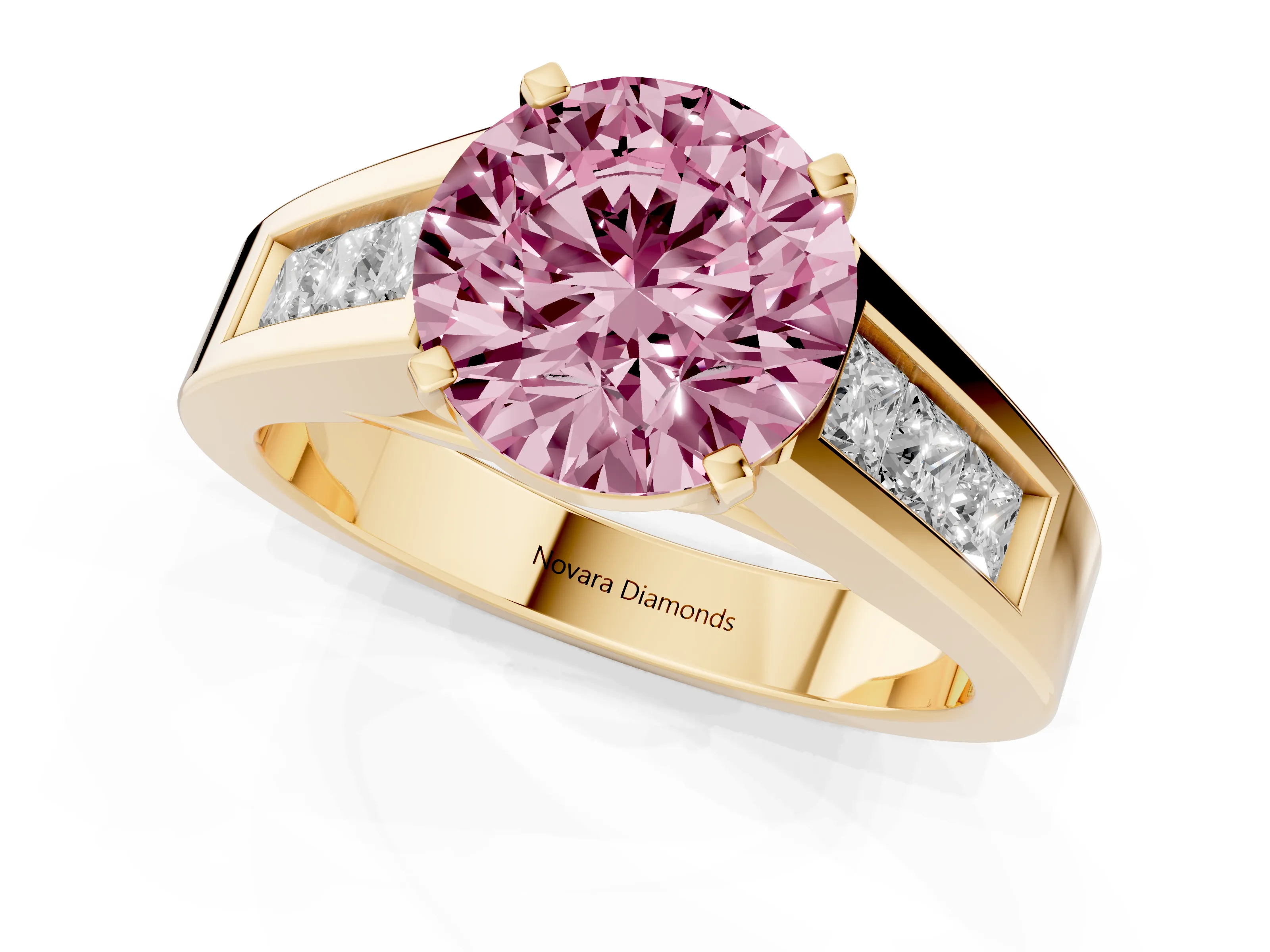 Fancy Pink Round Cut Diamond Solitaire Ring Set in Yellow gold with Channel-Set Accent Stones and Prong Setting – second view