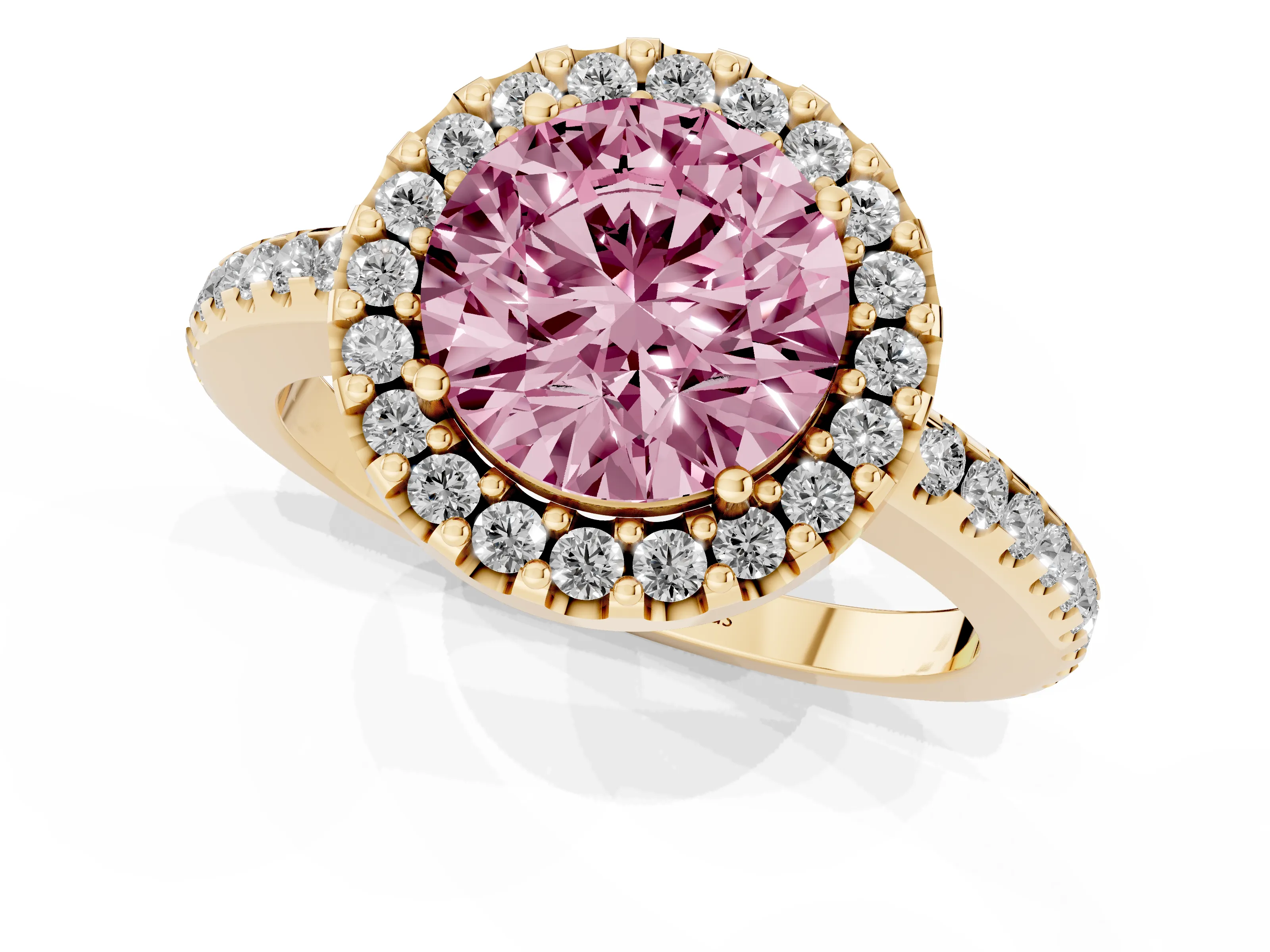 Fancy Pink Round Cut Diamond Pavé Halo Ring Set in Yellow gold with Prong Setting