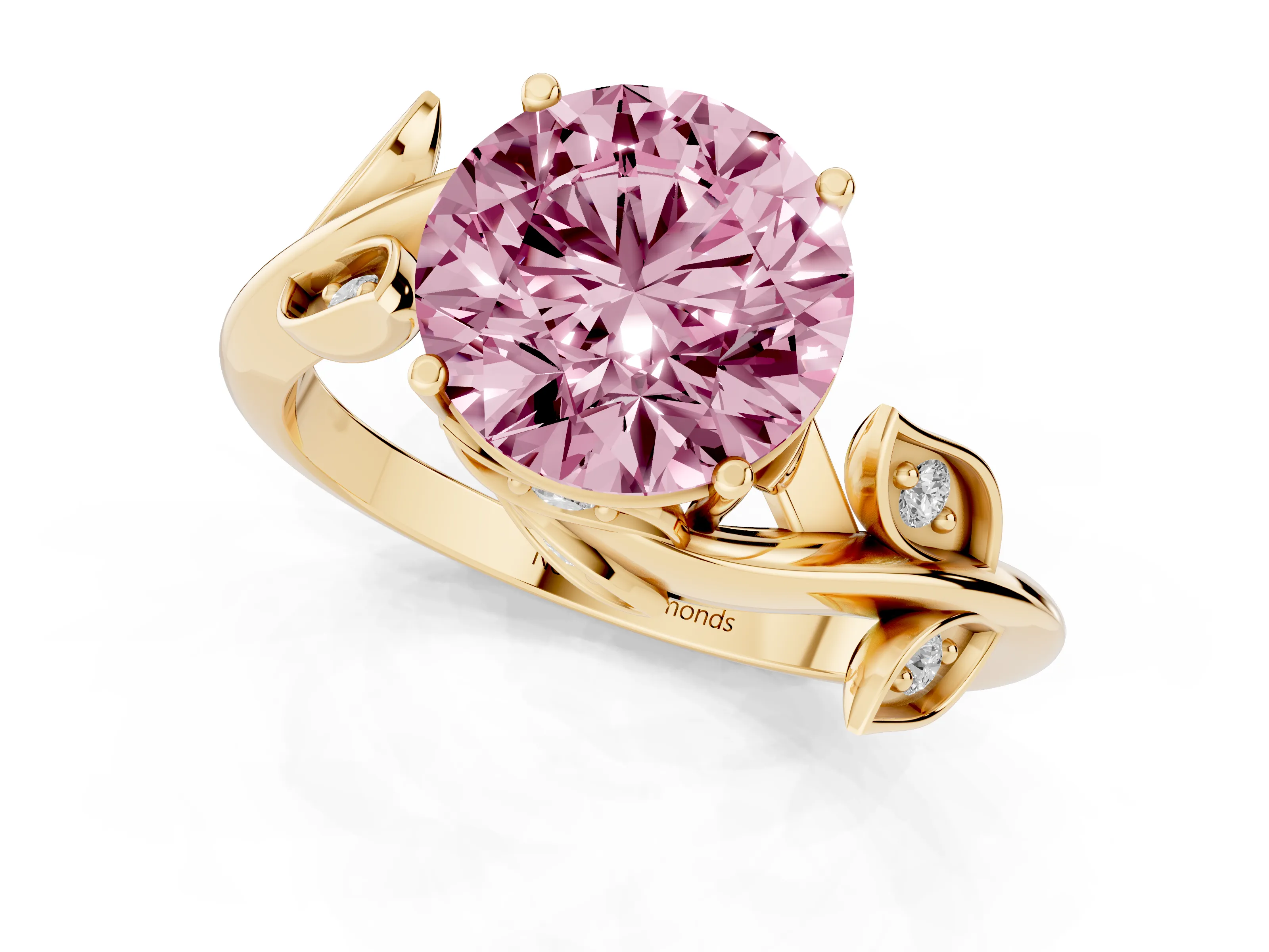 Fancy Pink Round Cut Diamond Solitaire Twist Engagement Ring Set in Yellow gold with Pavé Leaf Accents