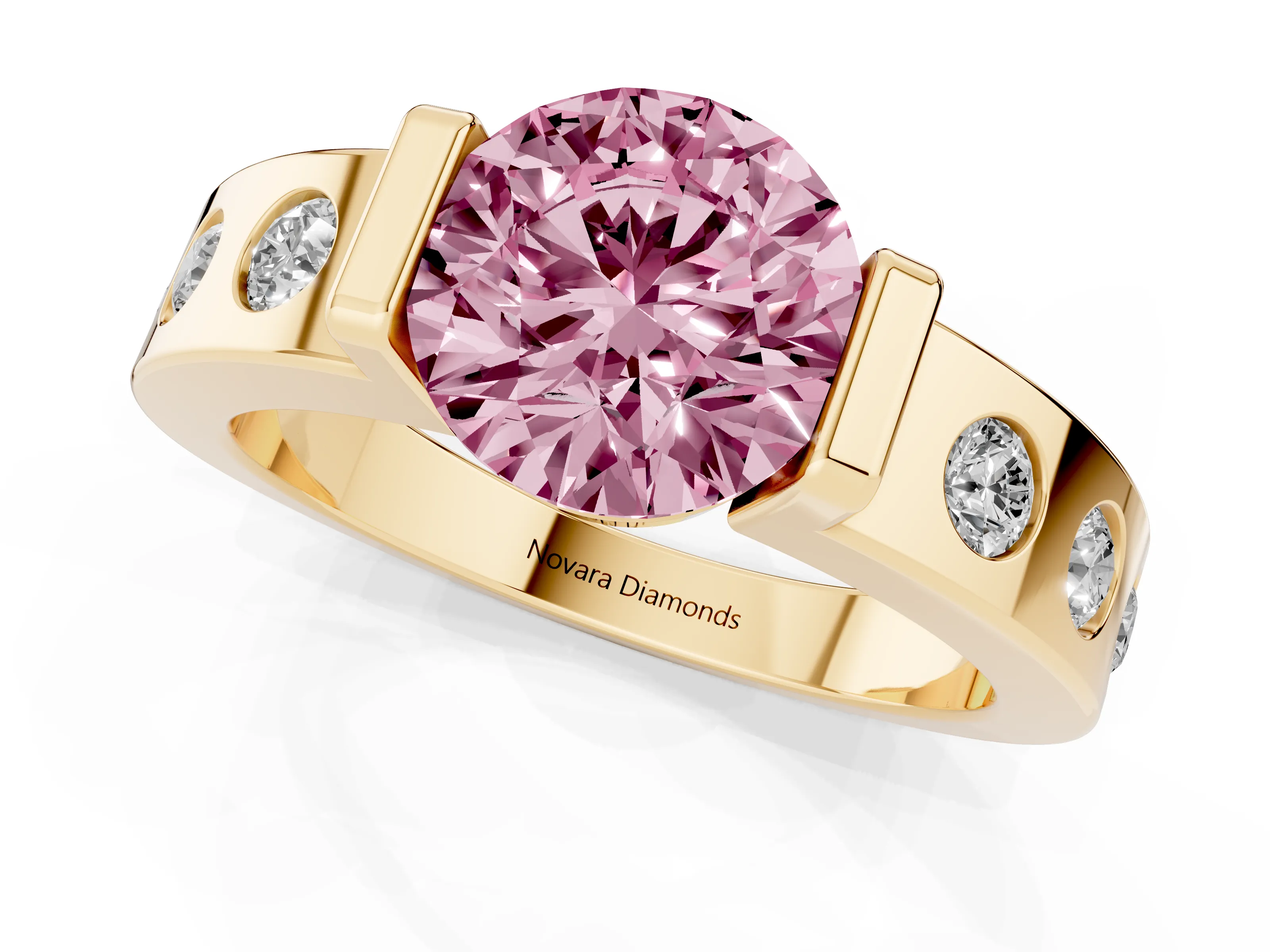 Fancy Pink Round Cut Diamond Channel-Set Band Ring Set in Yellow gold with Bezel Prong Setting