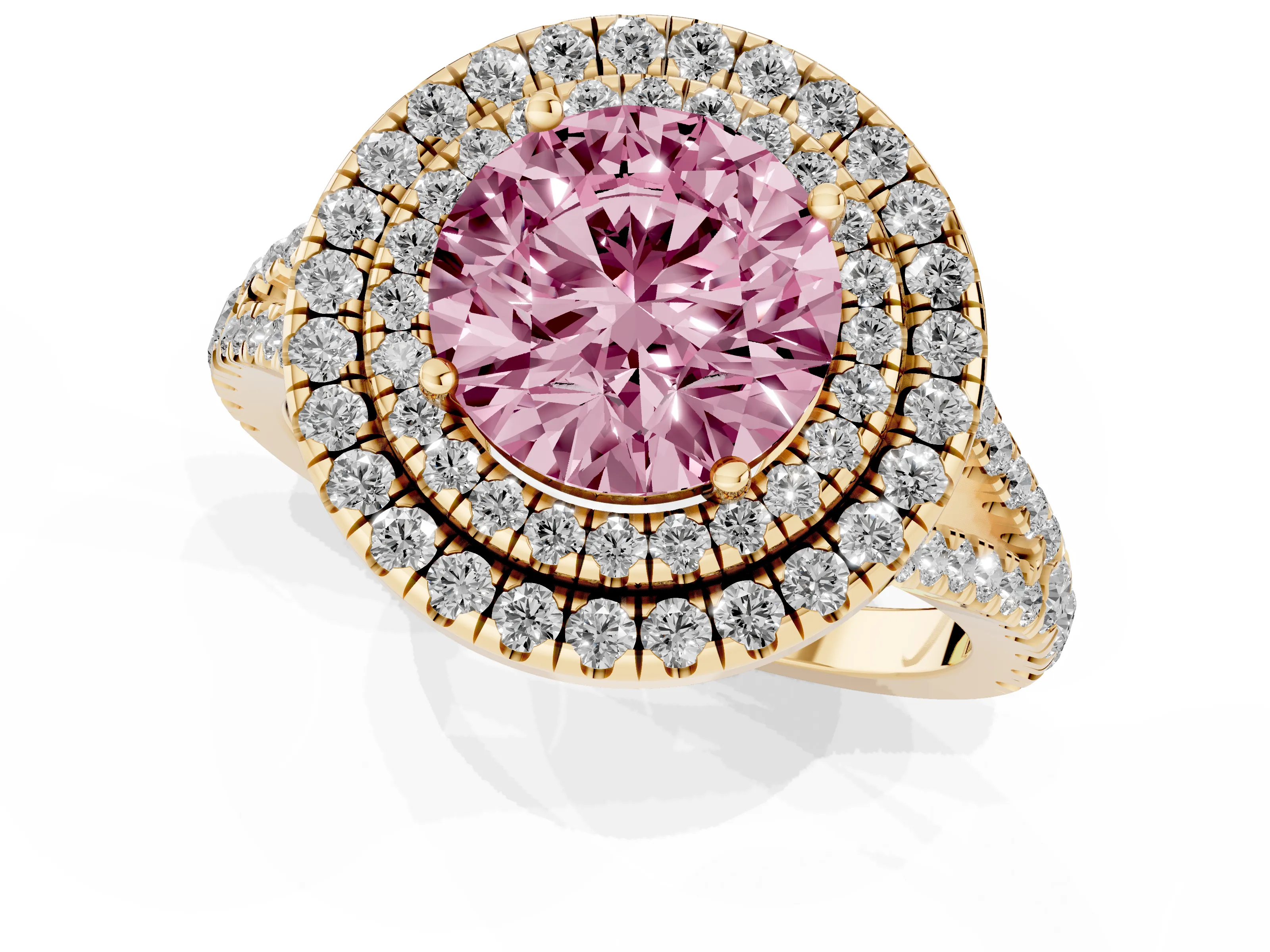 Fancy Pink Round Cut Diamond Double Halo Ring Set in Yellow gold with Pavé Band