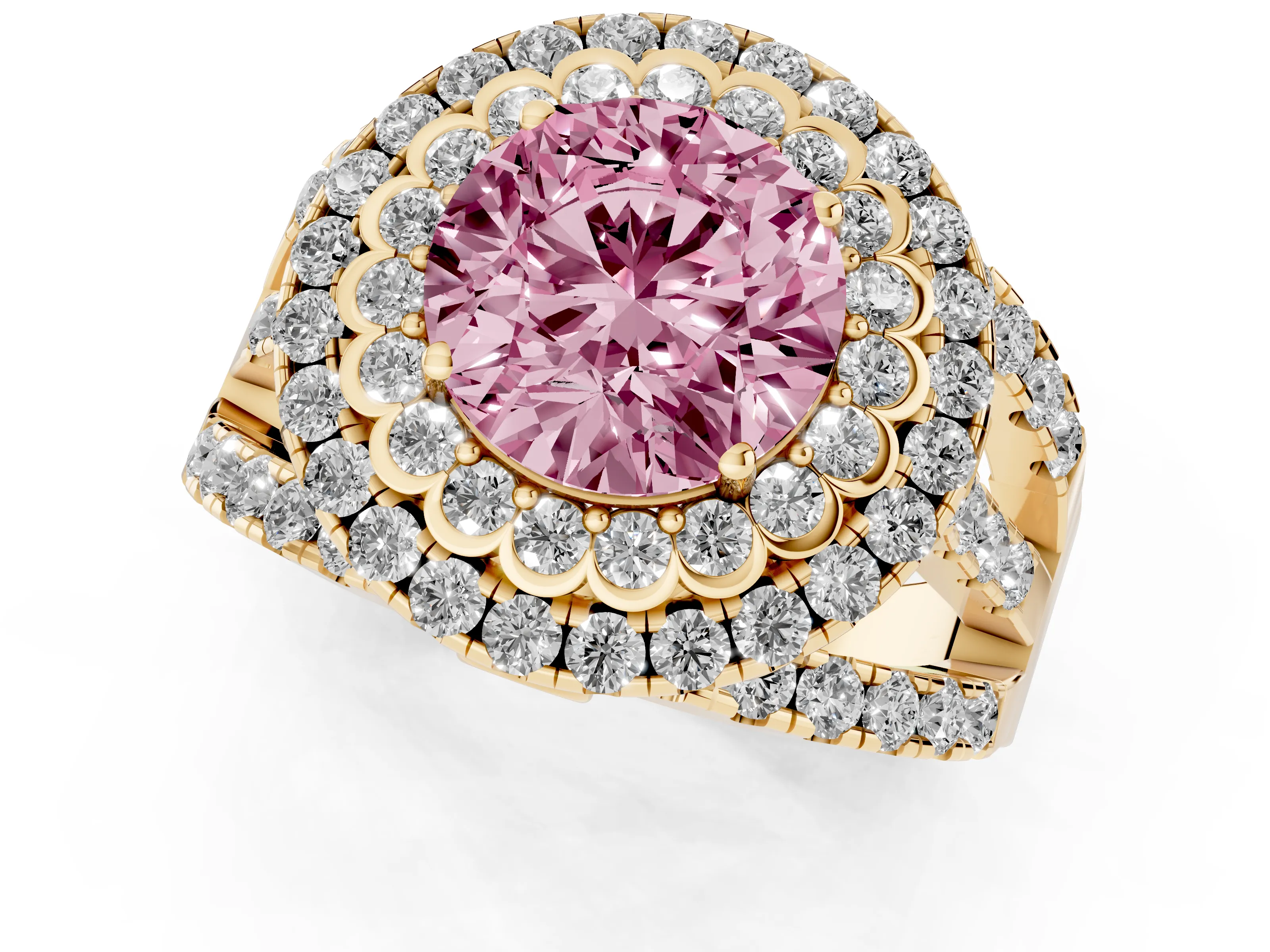 Fancy Pink Round Cut Diamond Double Halo Ring Set in Yellow gold with Round Pavé Split Shank