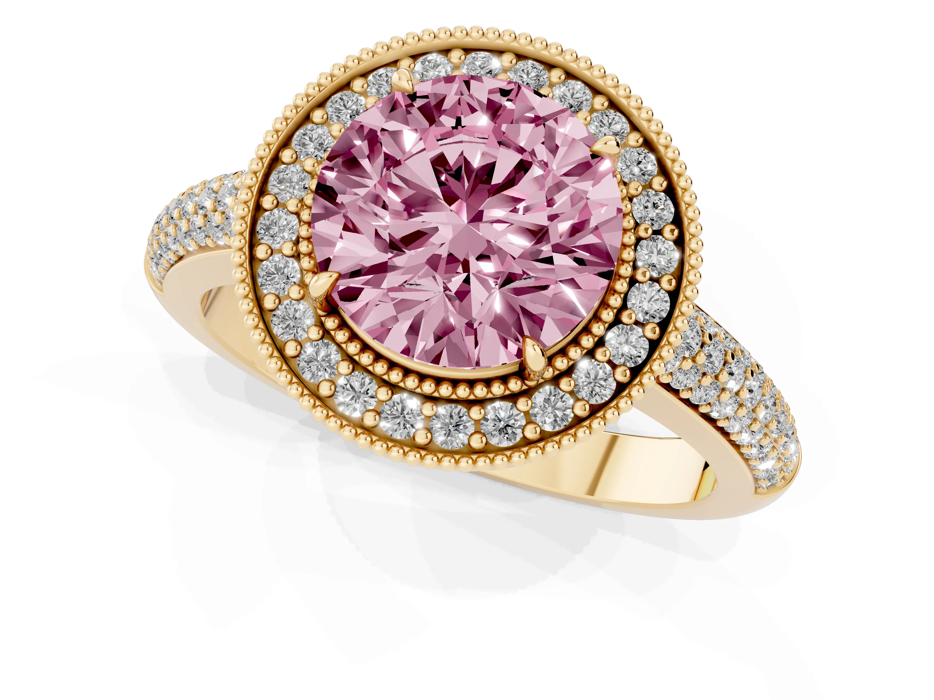 Fancy Pink Round Cut Diamond Halo Pavé Band Set in Yellow gold with Prong Setting