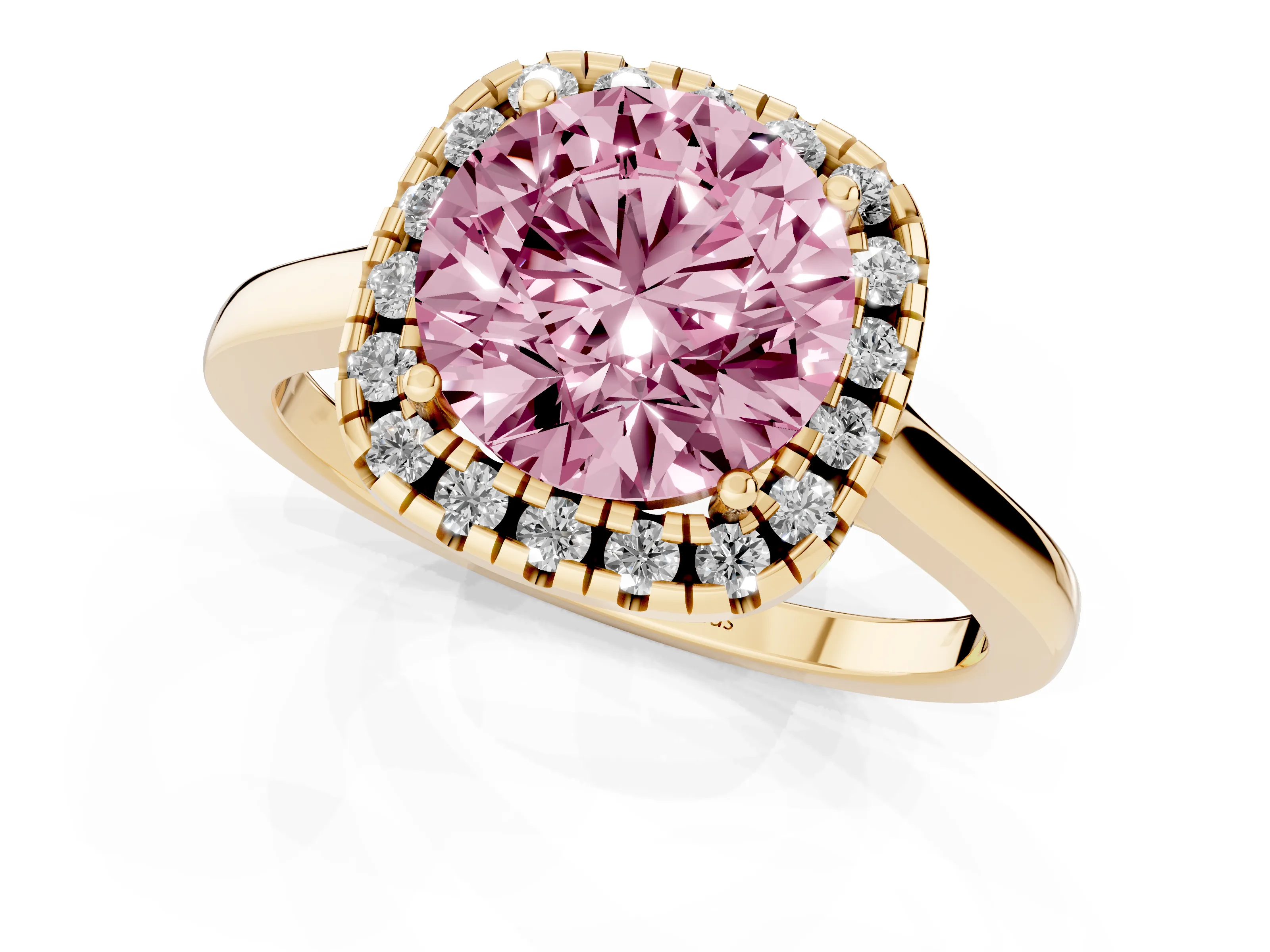 Fancy Pink Round Cut Halo Round Diamond Solitaire Ring Set in Yellow gold with Pavé Band and Prong Setting