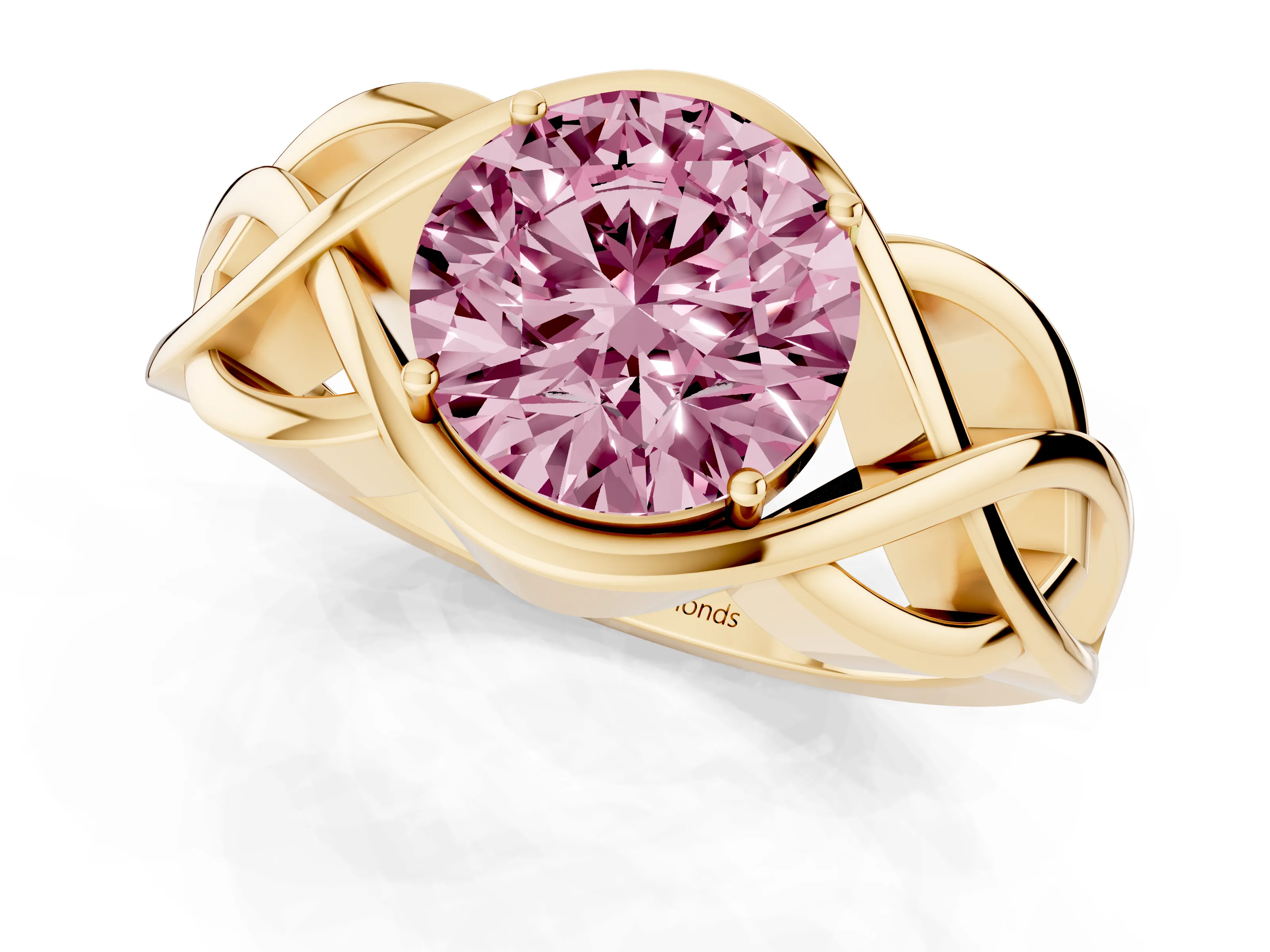 Fancy Pink Round Cut Diamond Solitaire Ring Set in Yellow gold with Intertwined Band