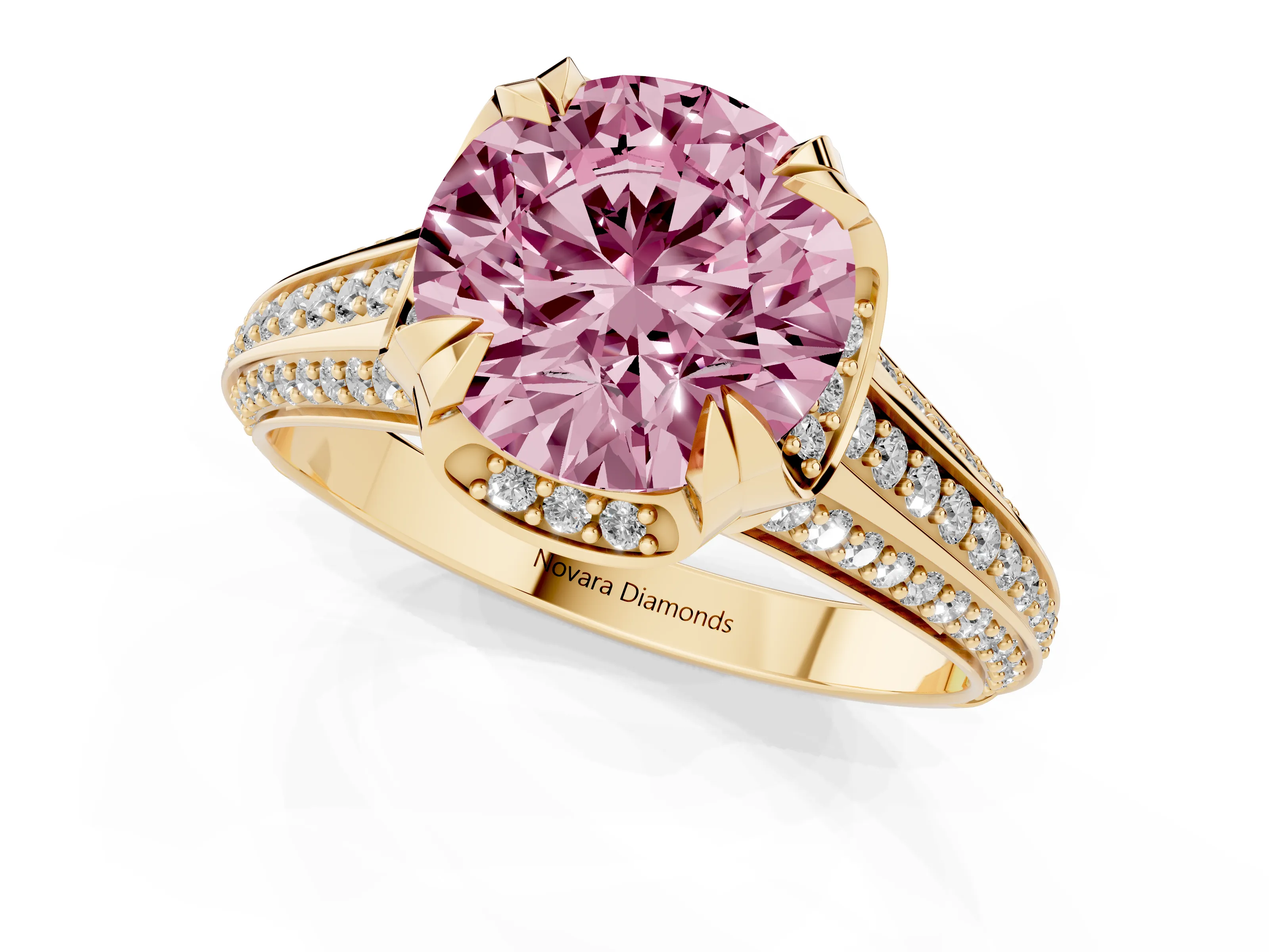 Fancy Pink Round Cut Diamond Pavé Split Shank Solitaire Ring Set in Yellow gold with Prong Setting
