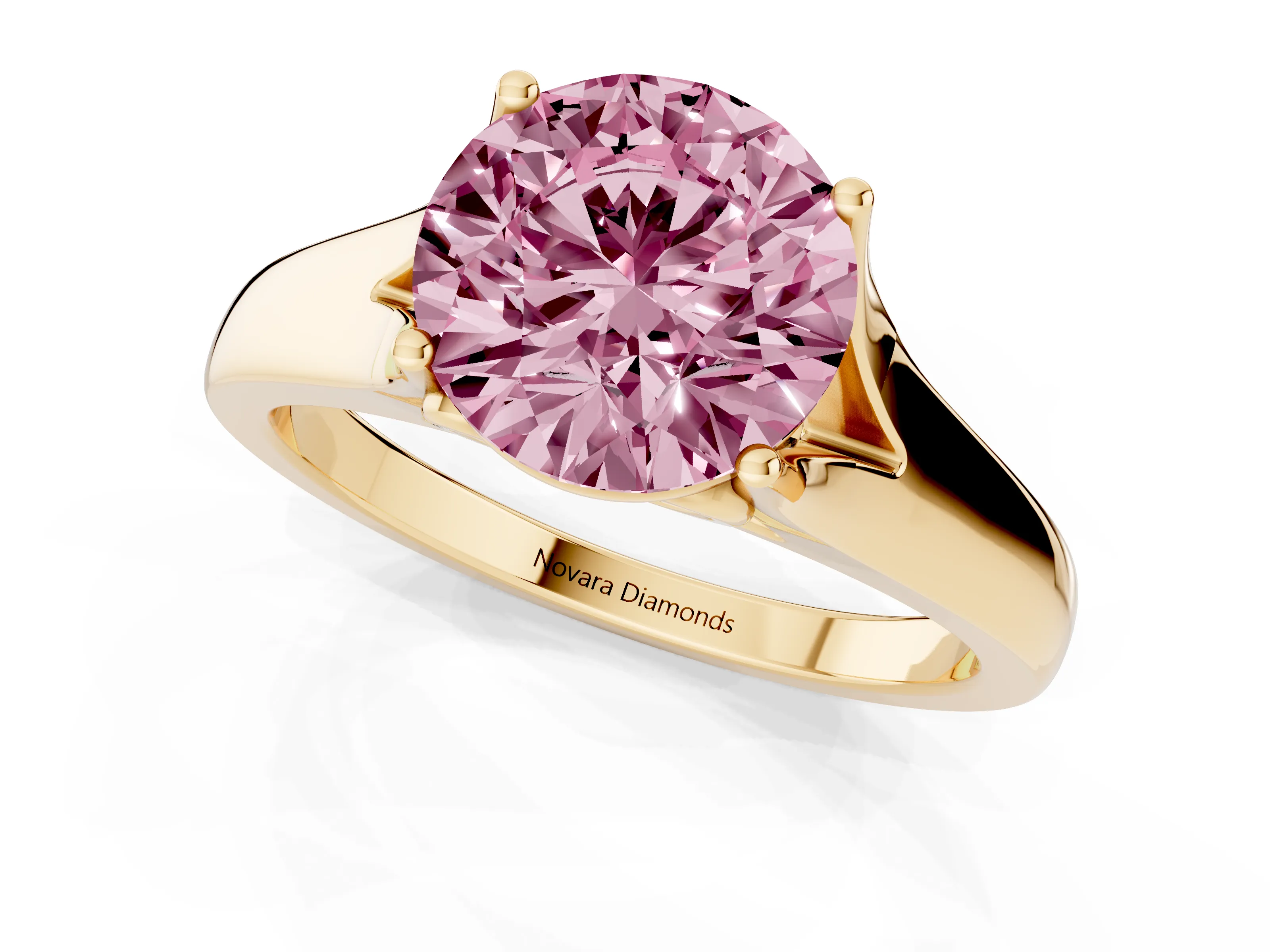 Fancy Pink Round Cut Diamond Solitaire Ring Set in Yellow gold with Arched Cathedral Band and Prong Setting