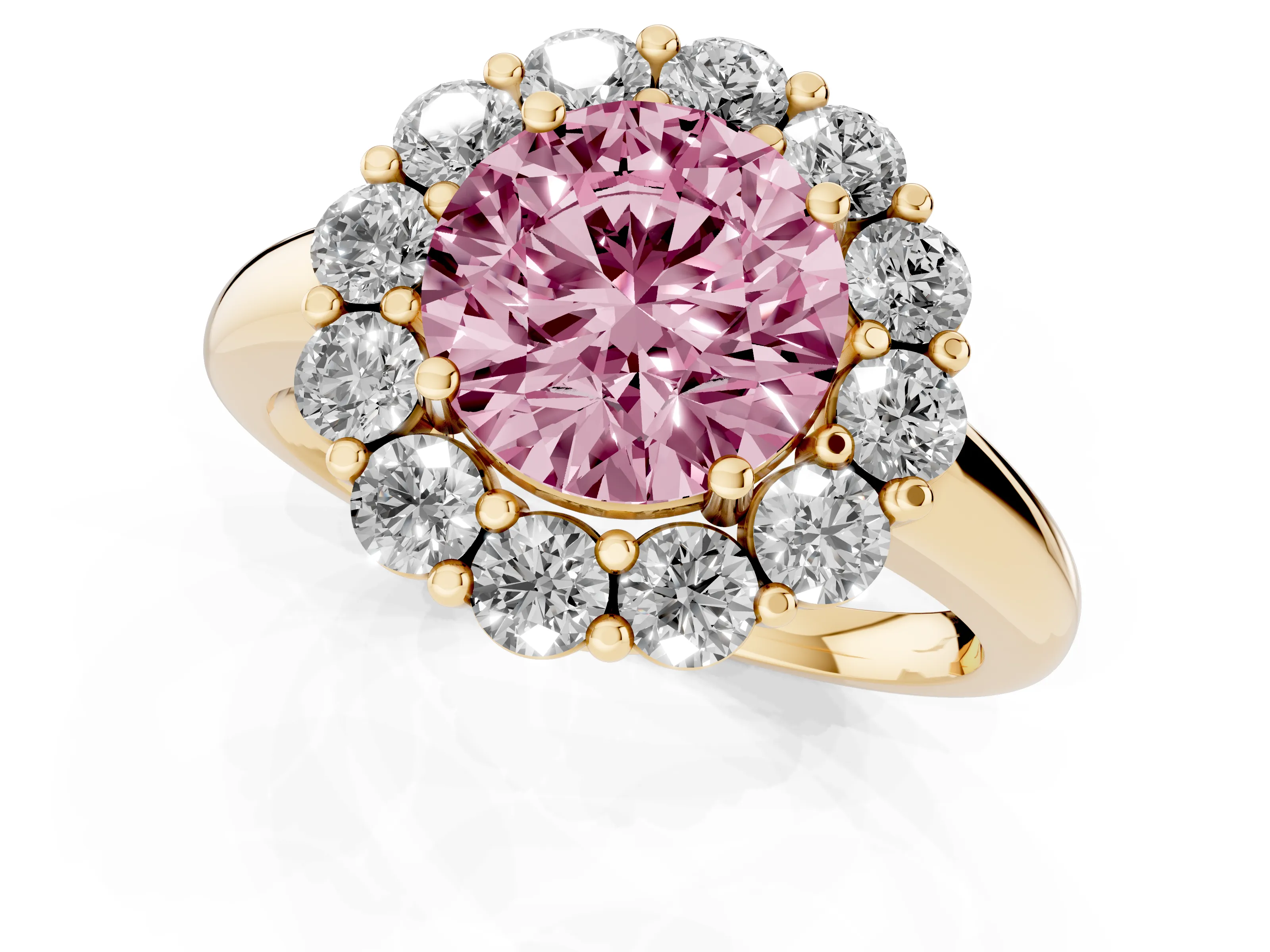 Fancy Pink Round Cut Diamond Halo Cluster Engagement Ring Set in Yellow gold with Polished Band and Prong Setting