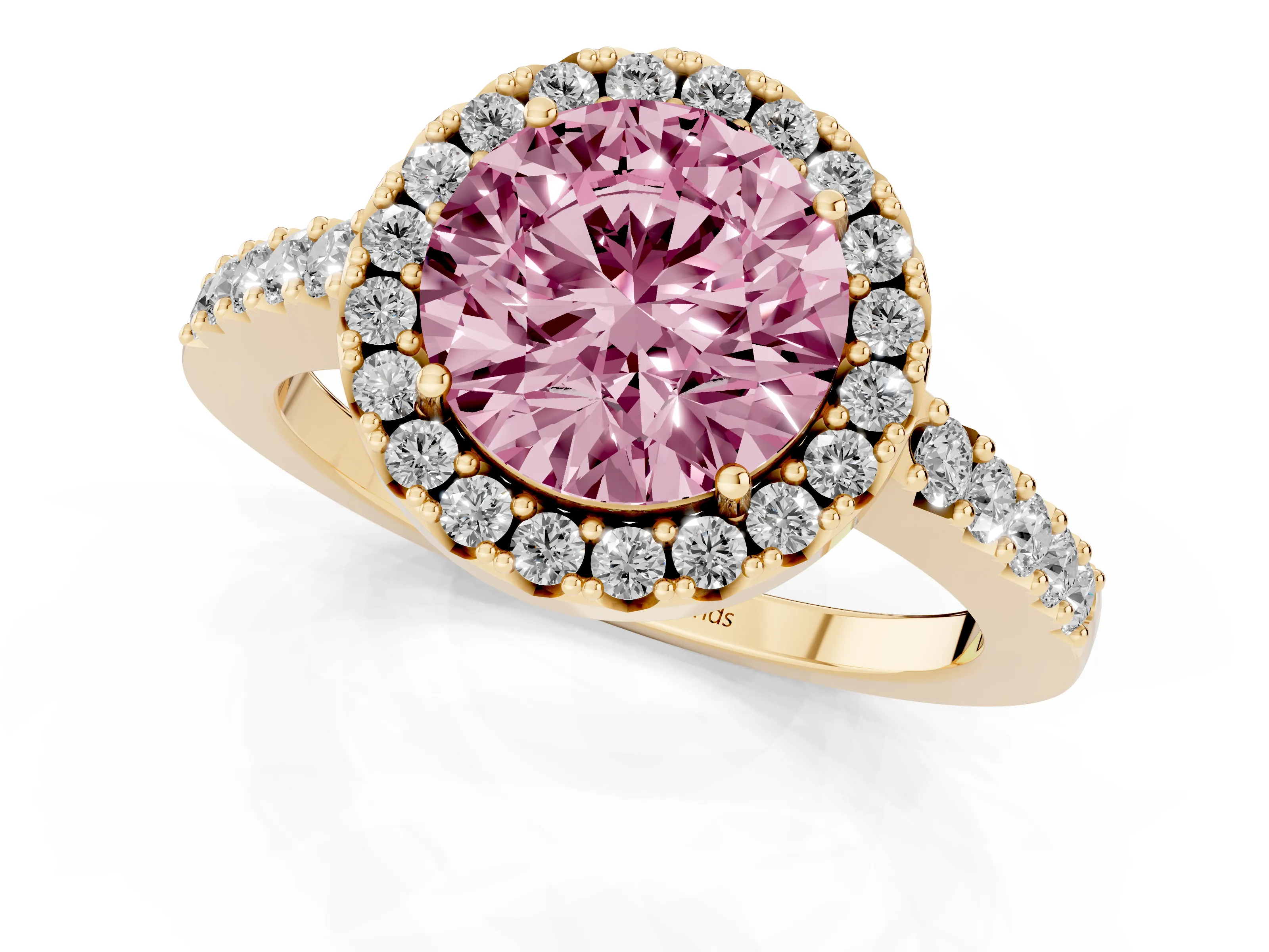 Fancy Pink Round Cut Diamond Halo Pavé Solitaire Ring Set in Yellow gold with Prong-Set Center Stone