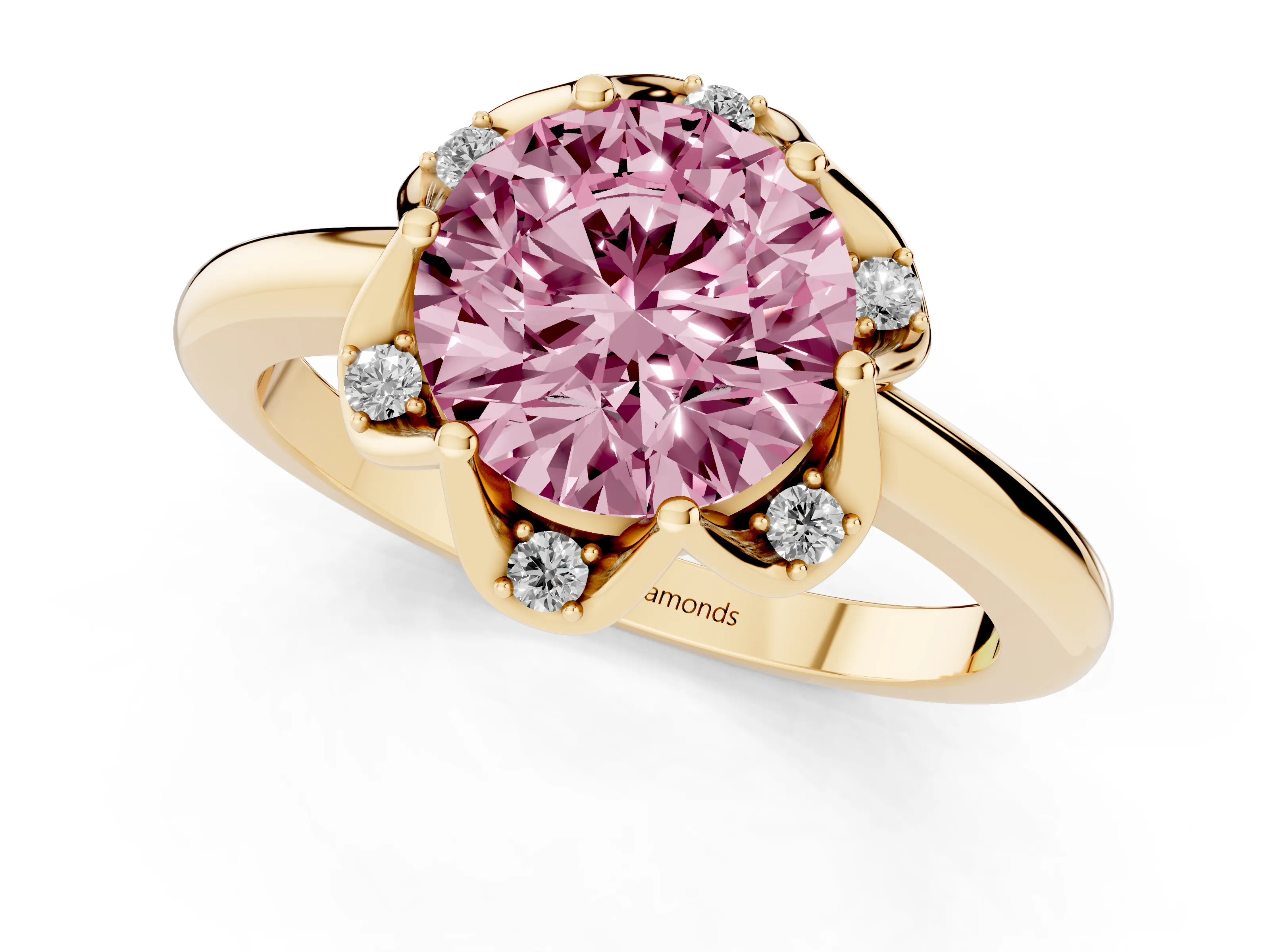 Fancy Pink Round Cut Diamond Round Cluster Halo Ring Set in Yellow gold with Solitaire Band and Prong Setting