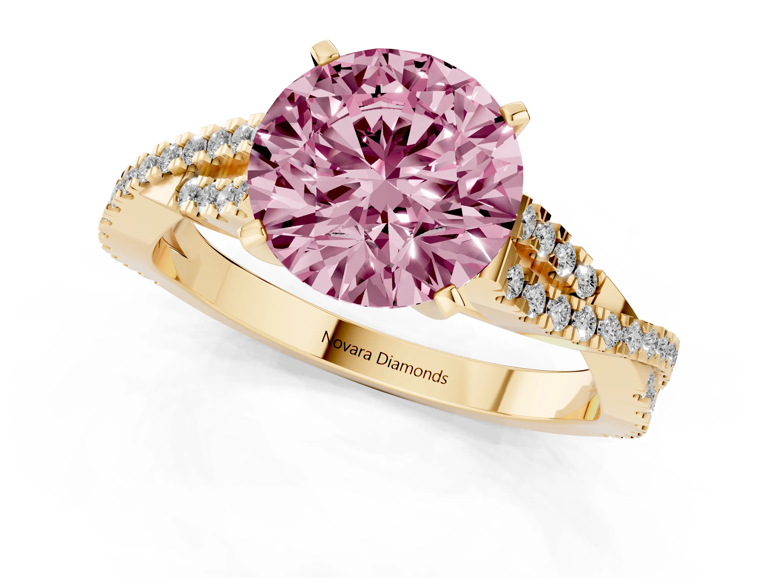 Fancy Pink Round Cut Diamond Solitaire Engagement Ring Set in Yellow gold with Twisted Pavé Band and Prong Setting
