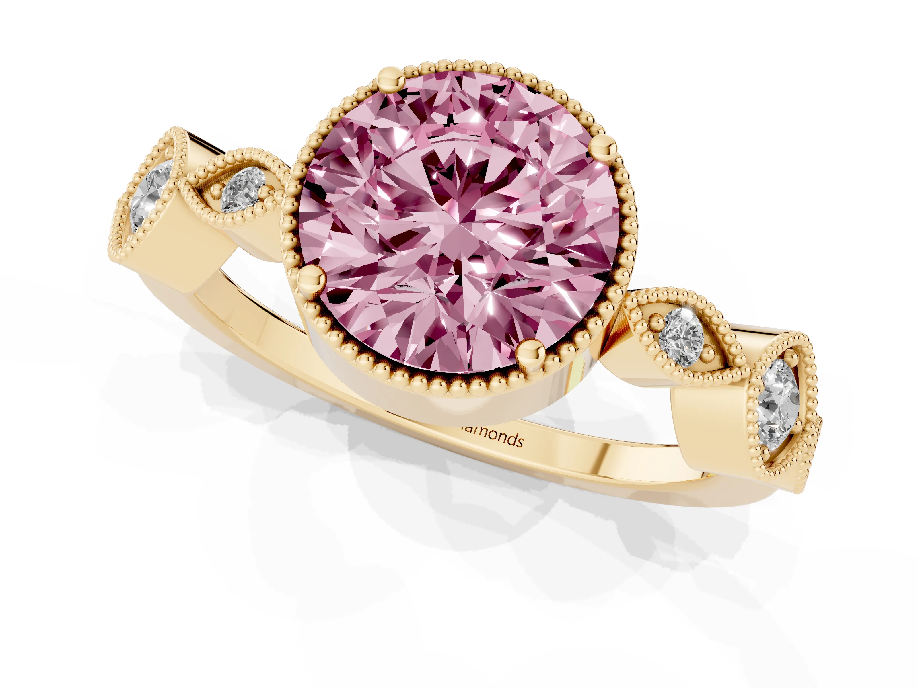 Fancy Pink Round Cut Diamond Vintage-Inspired Milgrain Ring Set in Yellow gold with Marquise Stations of Round Accents