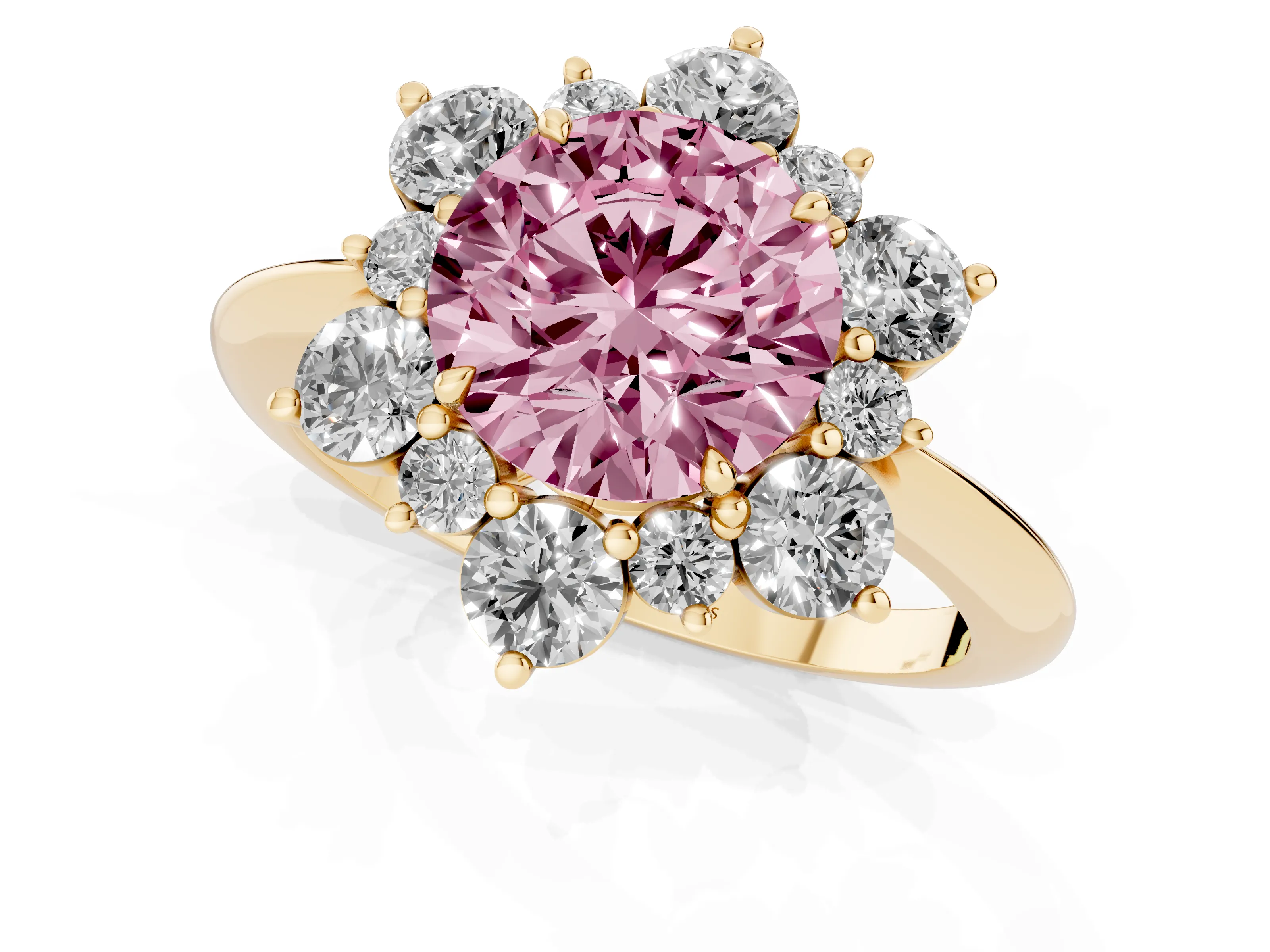 Fancy Pink Round Cut Diamond Cluster Halo Ring Set in Yellow gold with Solitaire Band and Prong Setting