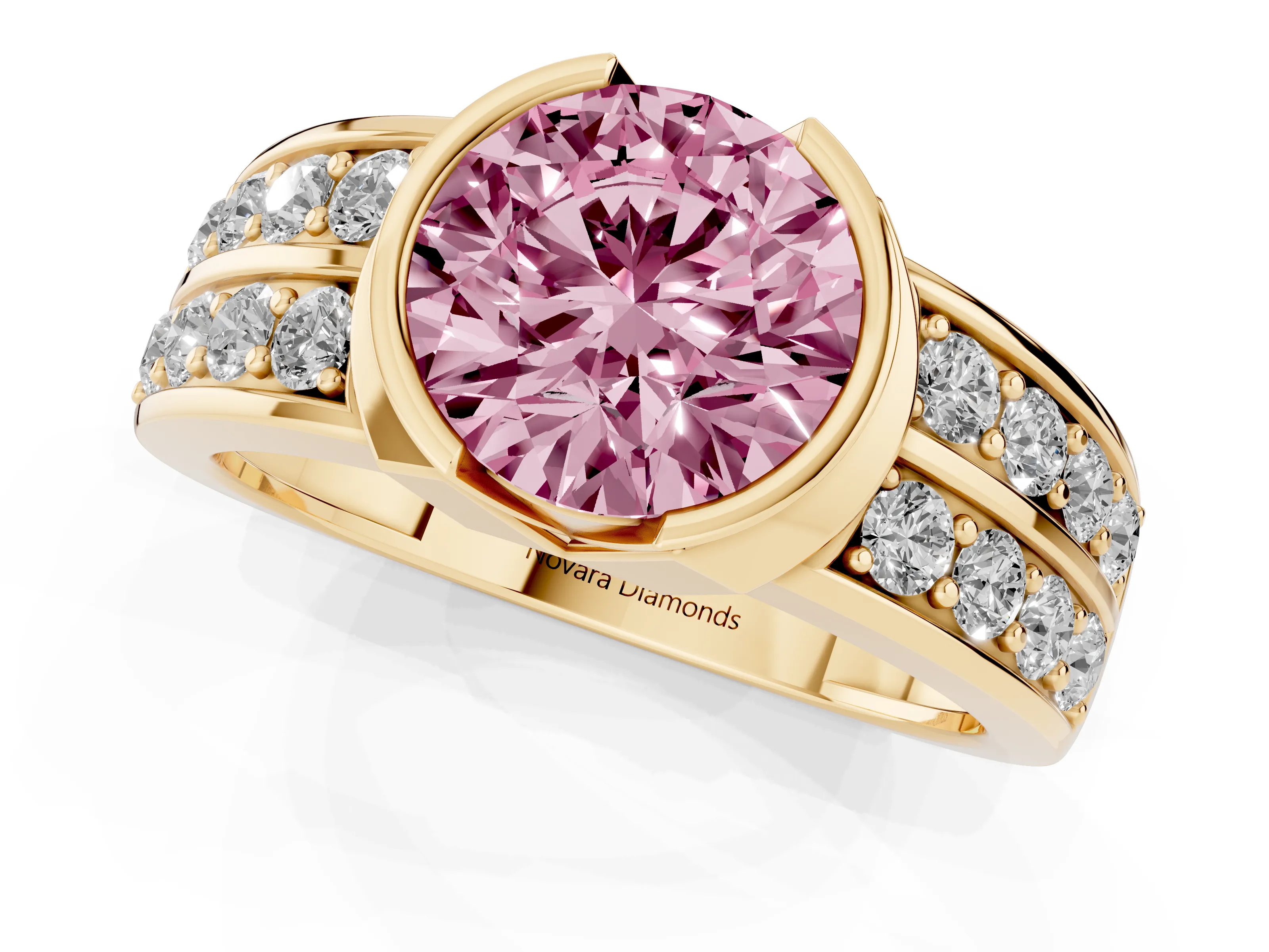 Fancy Pink Round Cut Diamond Wide Channel Set Band Ring Set in Yellow gold with Bezel Setting