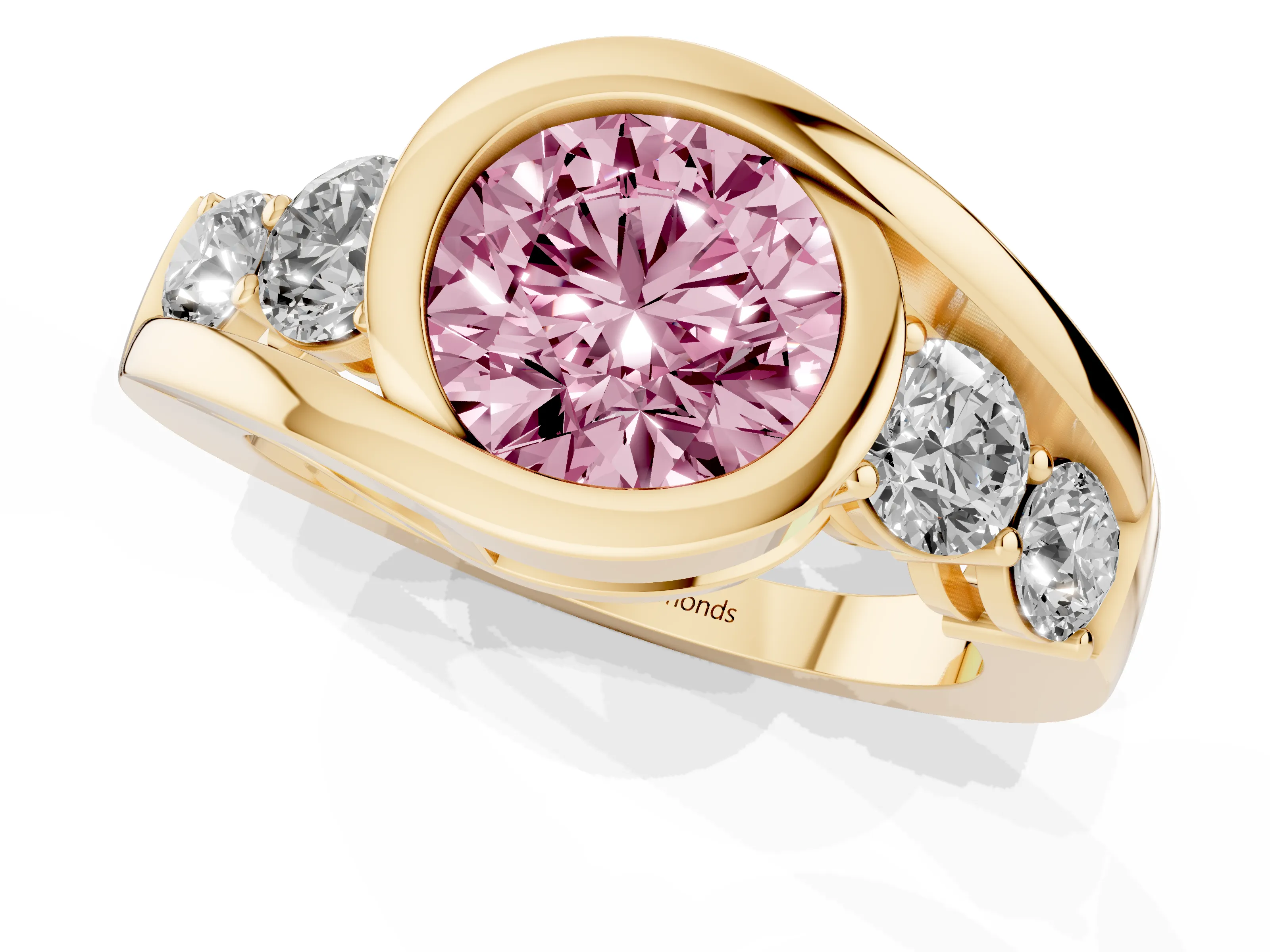 Fancy Pink Round Cut Diamond Bezel Bypass Ring Set in Yellow gold with Round Accents