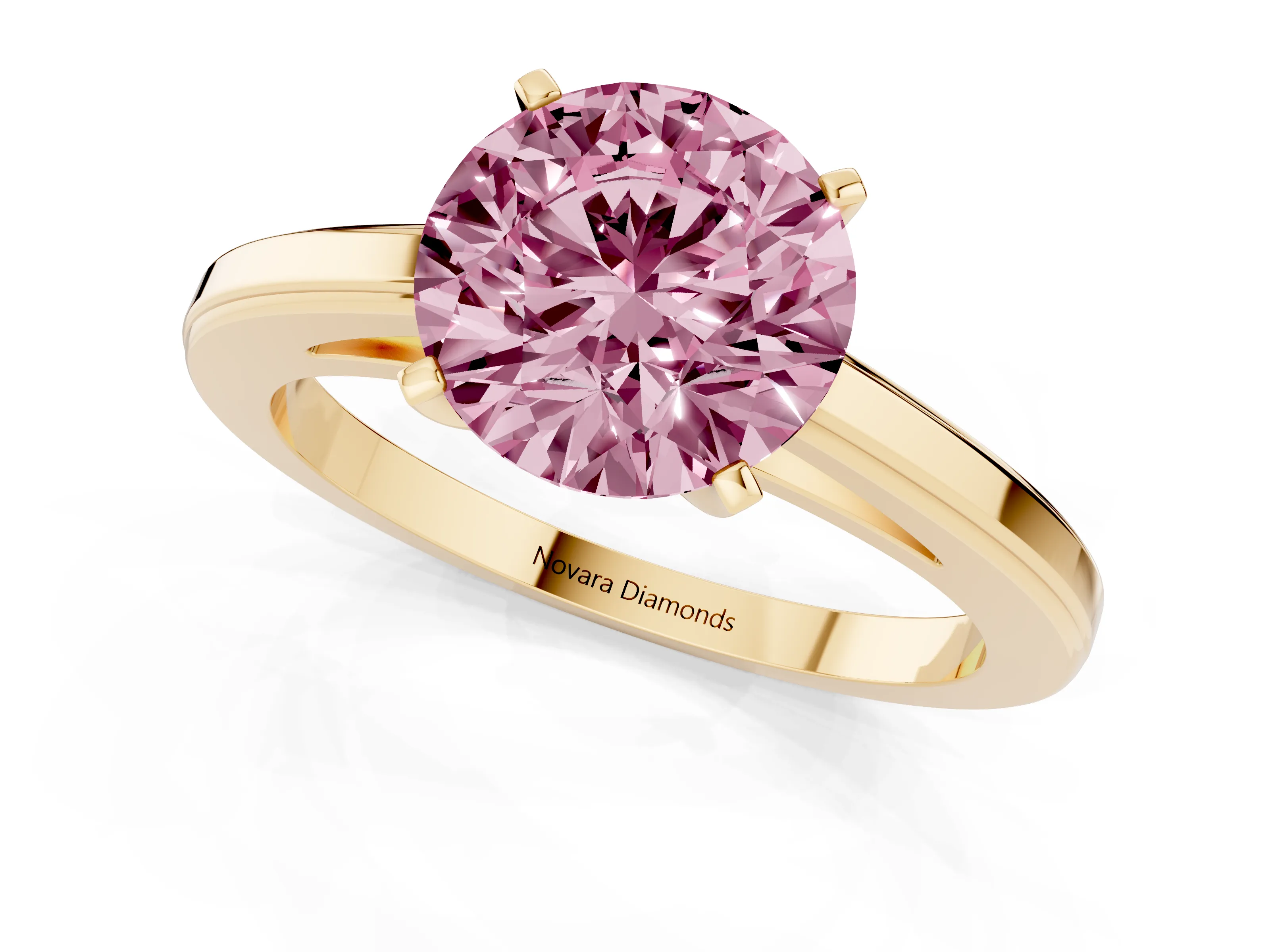 Fancy Pink Round Cut Diamond Solitaire Ring Set in Yellow gold with Prong Setting and Classic Band