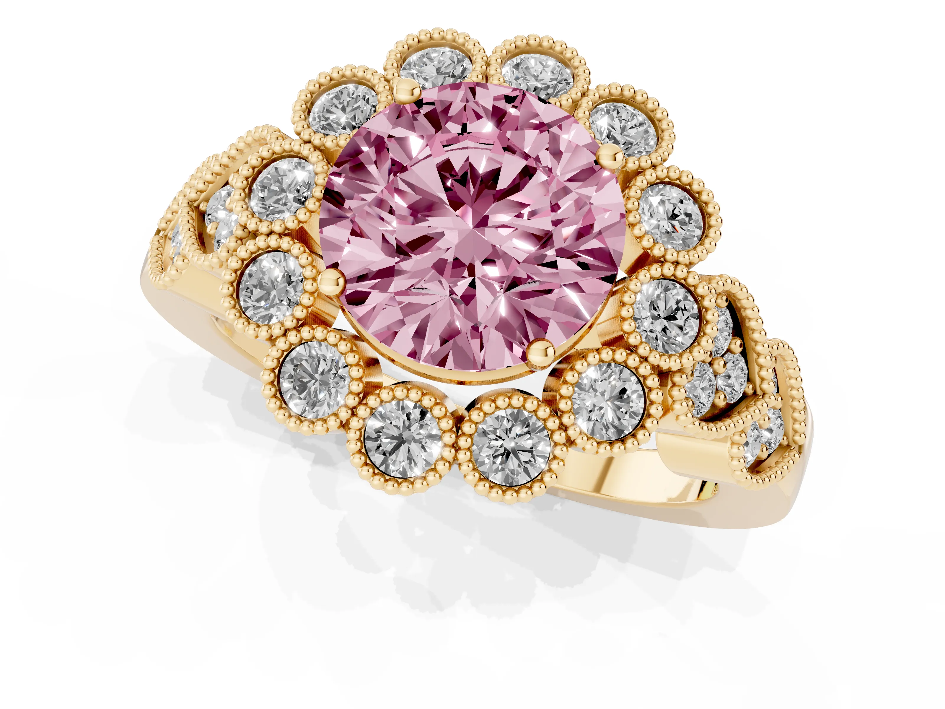 Fancy Pink Round Cut Diamond Solitaire Ring Set in Yellow gold with Milgrain Pavé Heart Band