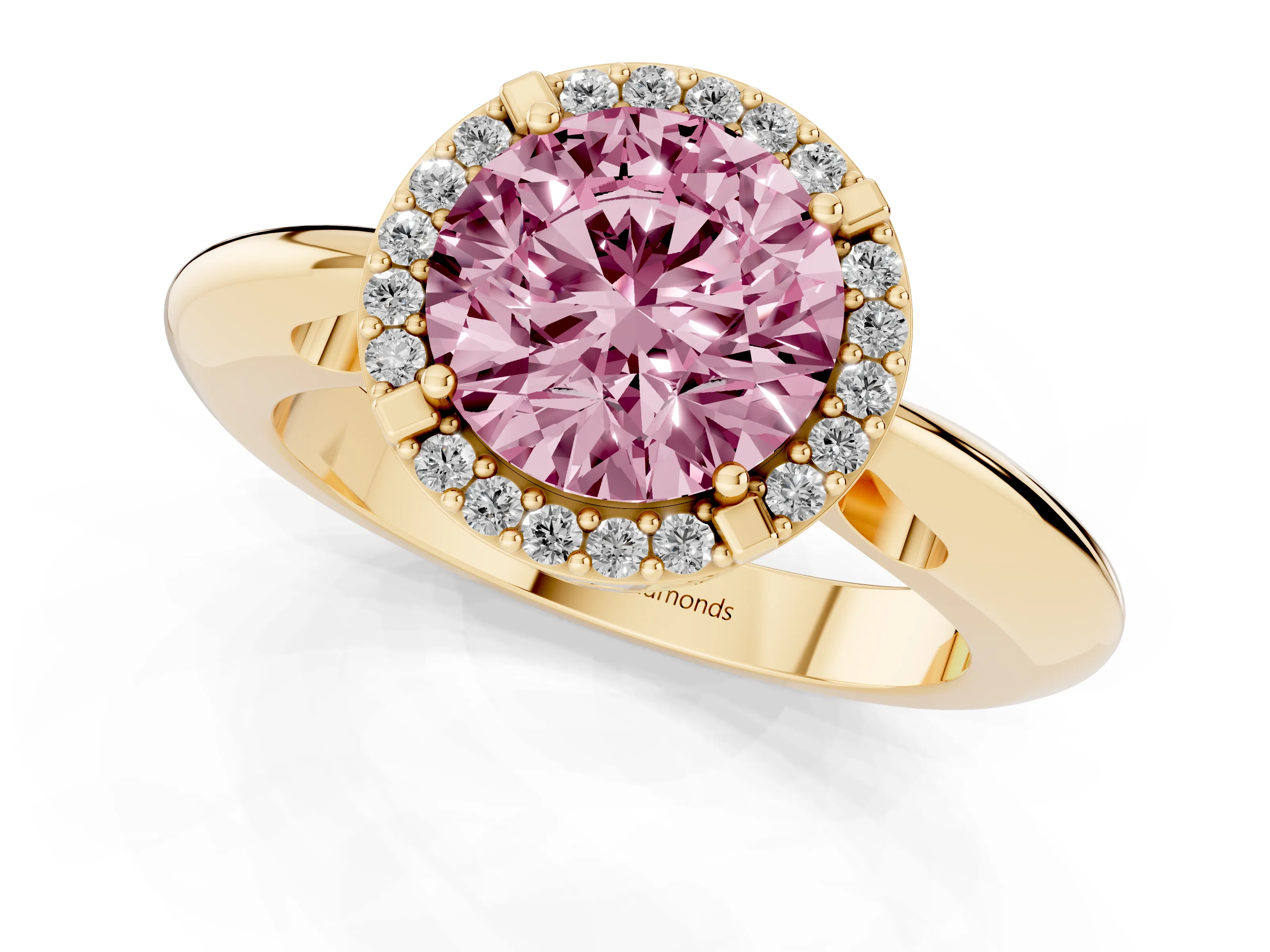 Fancy Pink Round Cut Diamond Halo Engagement Ring Set in Yellow gold with Plain Split Shank and Prong Setting