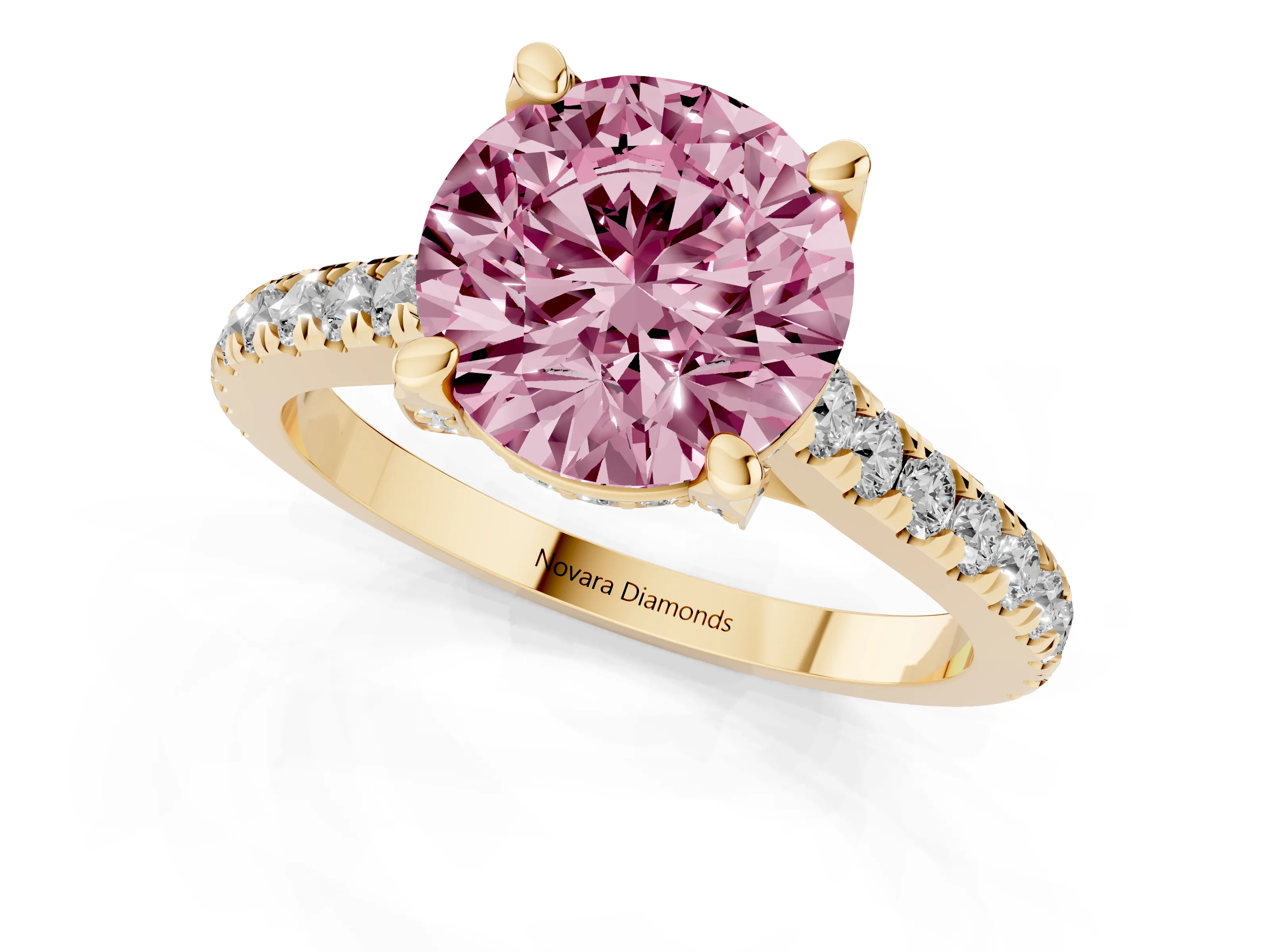 Fancy Pink Round Cut Diamond Solitaire Ring Set in Yellow gold with Brilliant Pavé Band and Prong Setting