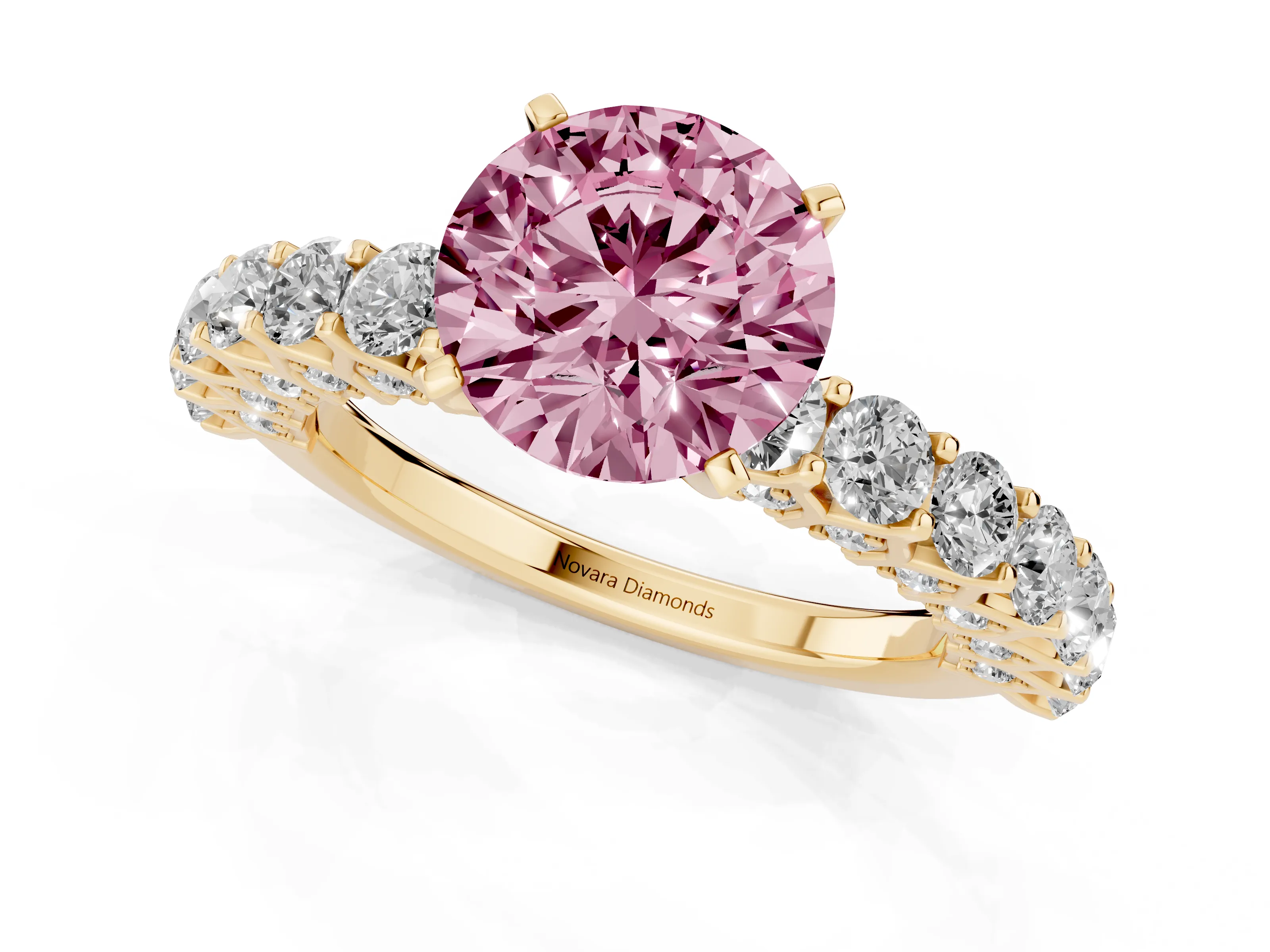 Fancy Pink Round Cut Diamond Solitaire Ring Set in Yellow gold with Shared Prong Pavé Band