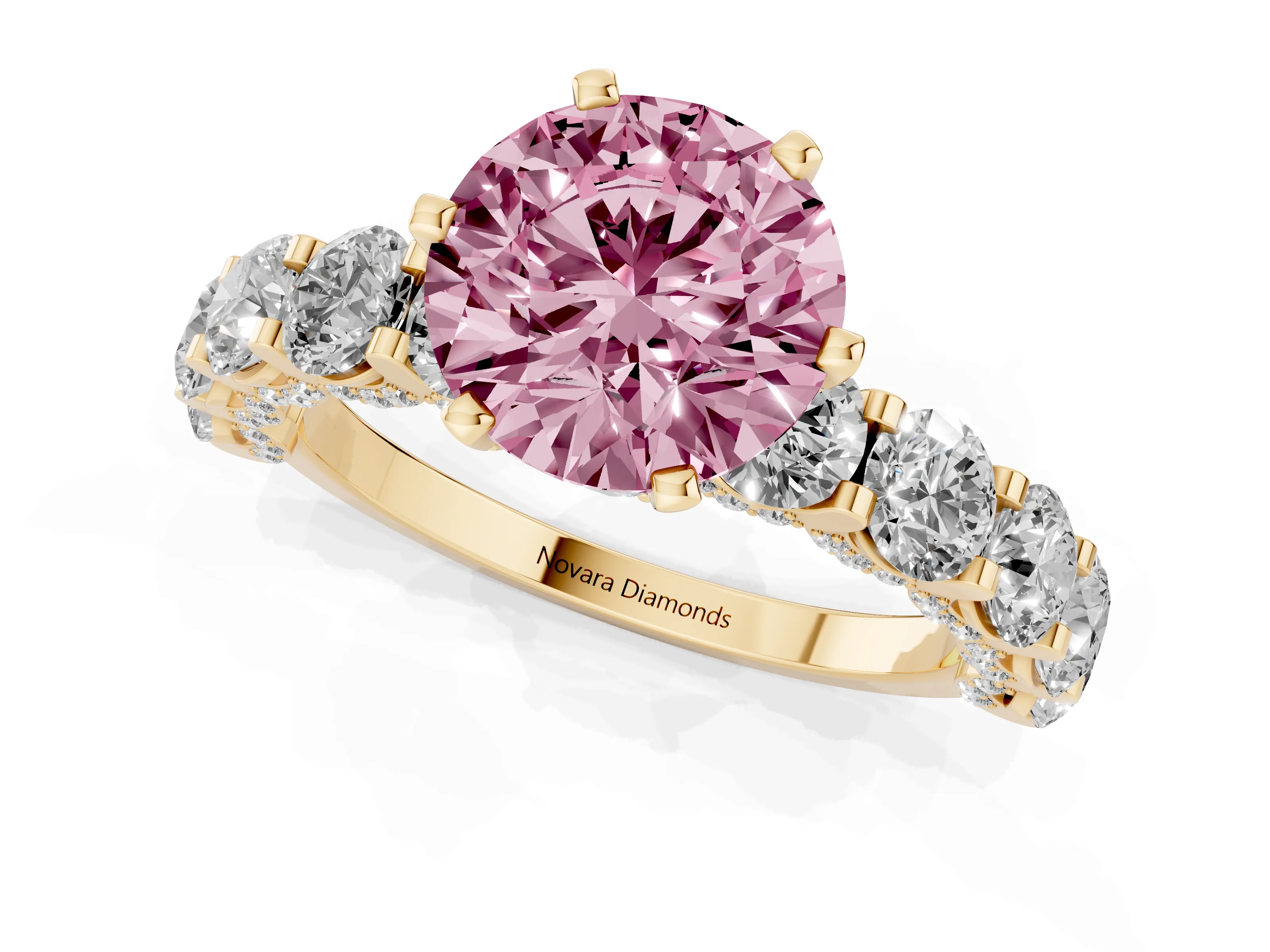 Fancy Pink Round Cut Diamond Side Stone Ring Set in Yellow gold with Alternating Round and Oval Side Stones – second view