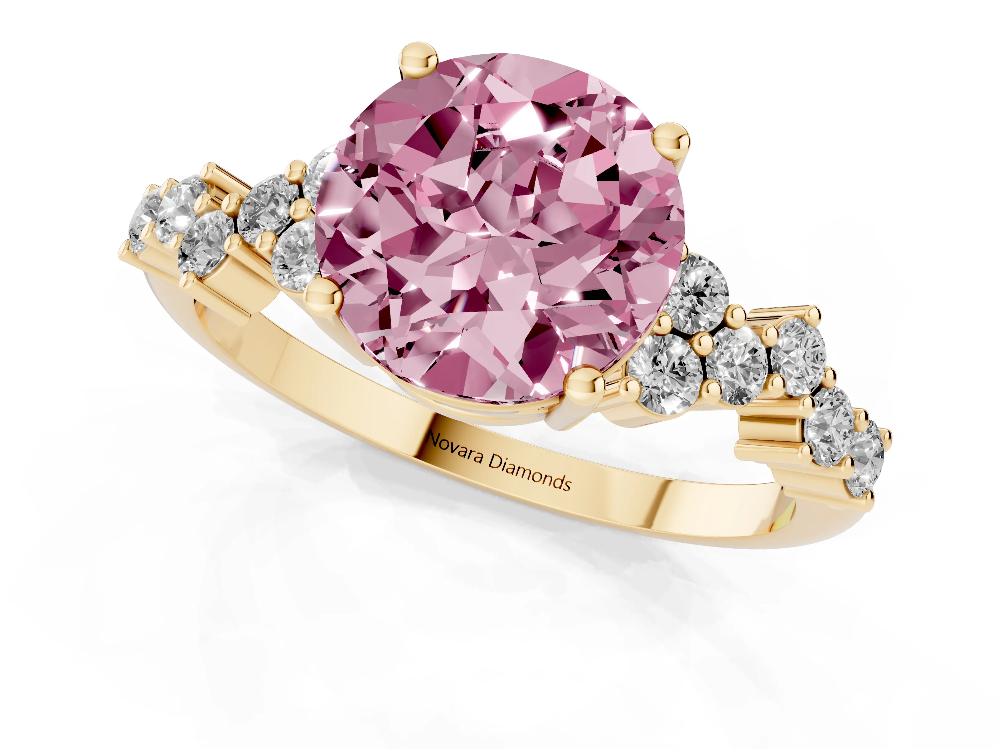 Fancy Pink Round Cut Diamond Ring Set in Yellow gold with Scattered Round Accents