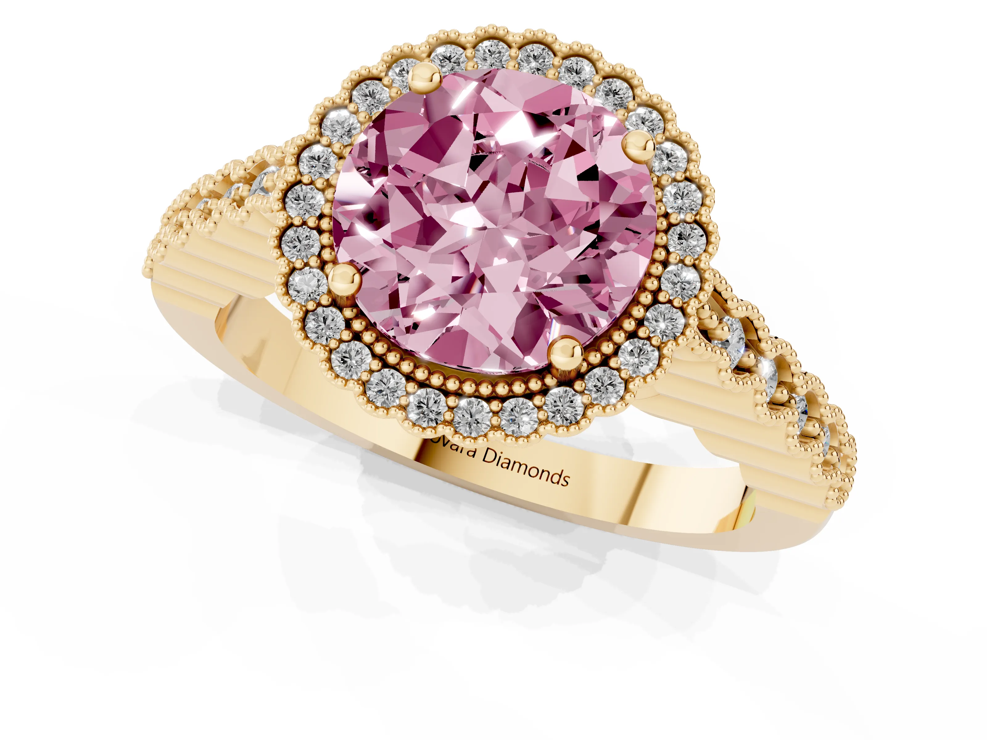 Fancy Pink Round Cut Diamond Halo Ring Set in Yellow gold with Pavé Milgrain Band
