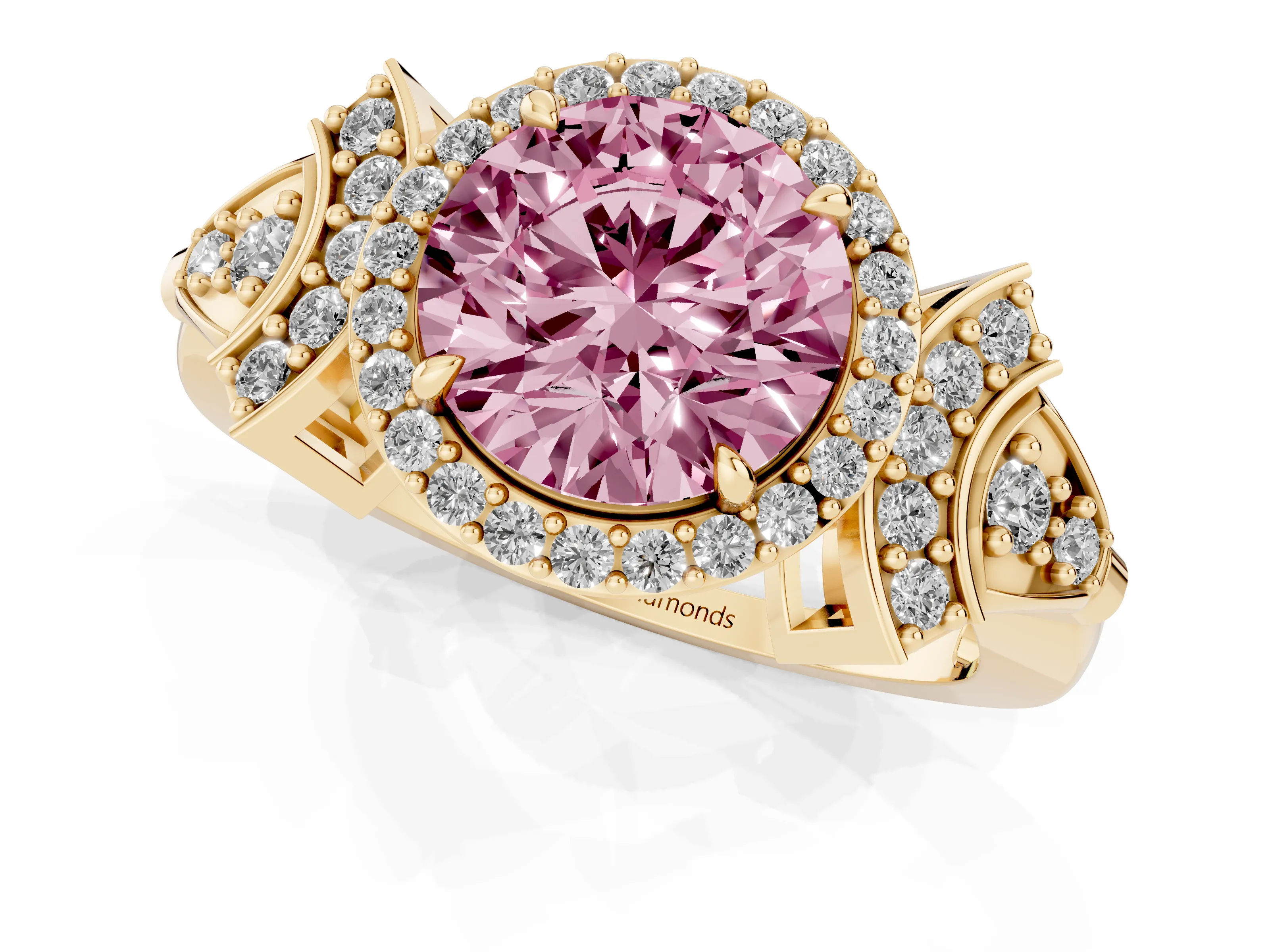 Fancy Pink Round Cut Diamond Halo Engagement Ring Set in Yellow gold with Accent Stone Split Shank