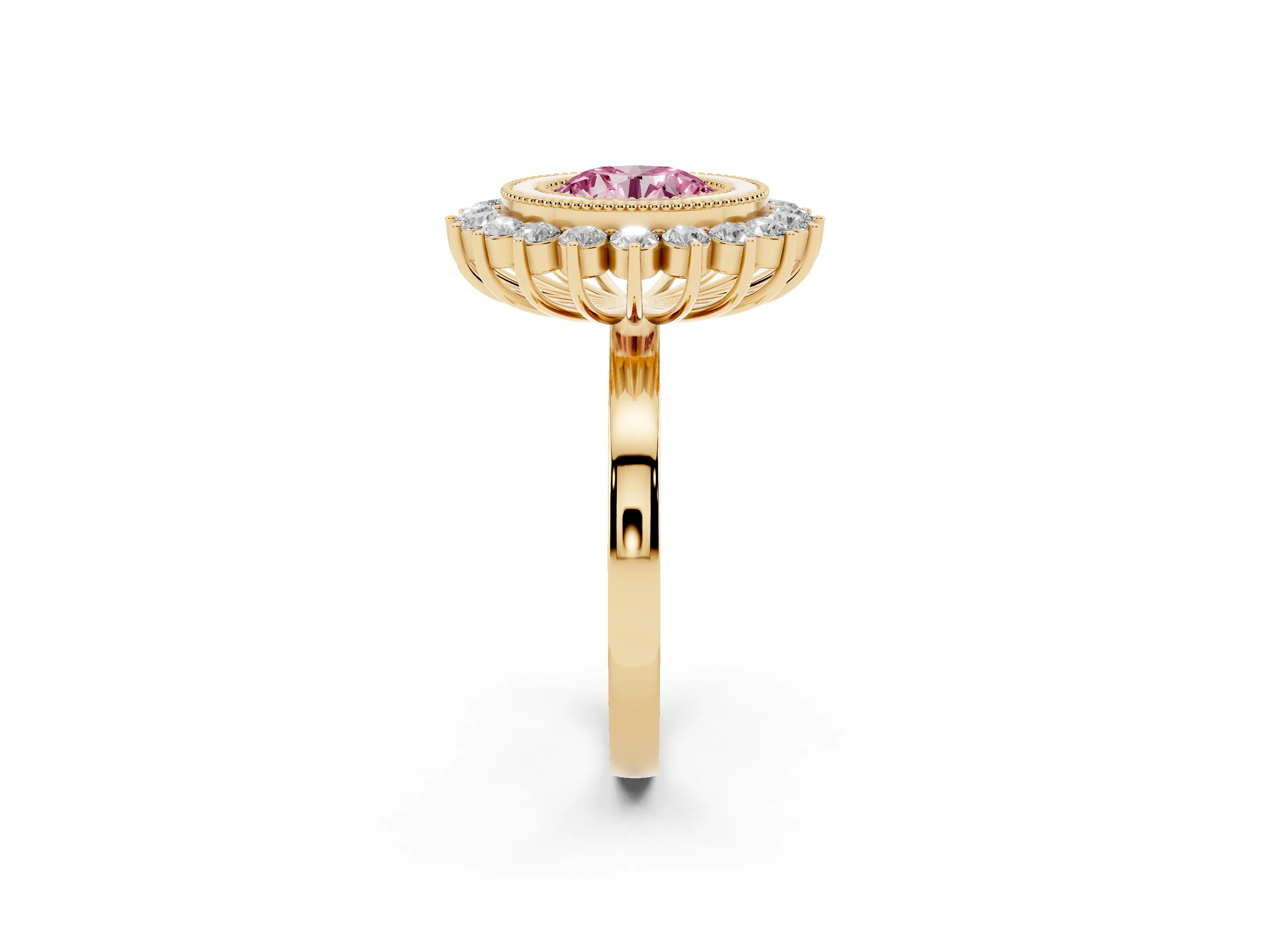 Fancy Pink Round Cut Diamond Halo Ring Set in Yellow gold with Milgrain Edge and Round Prong Setting