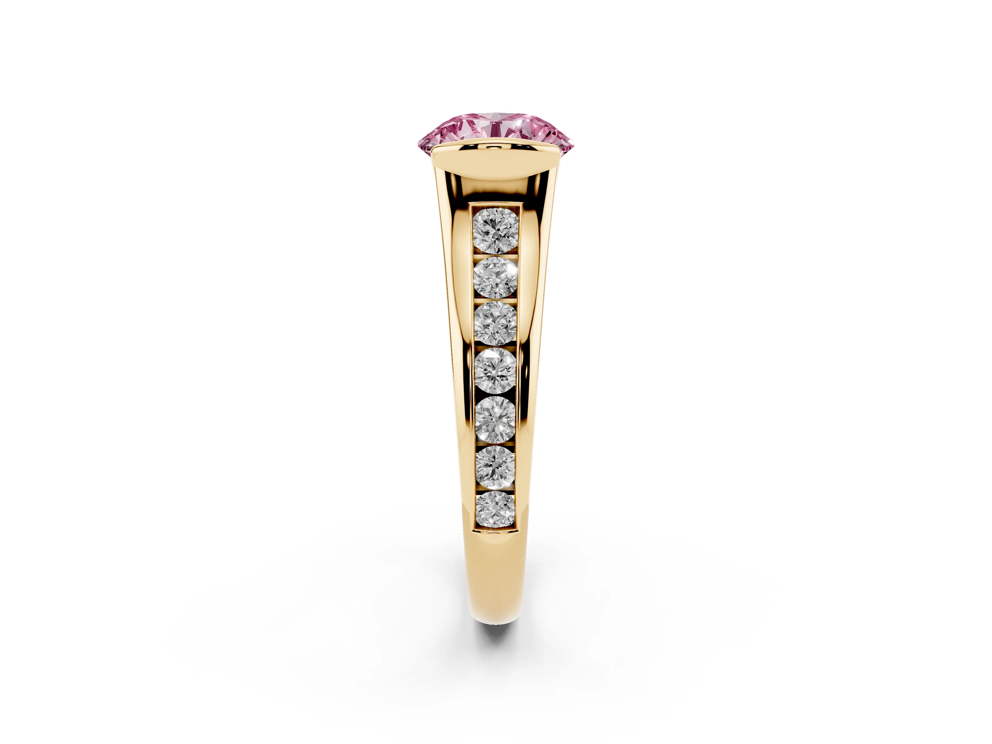 Fancy Pink Round Cut Diamond Bezel-Set Solitaire Ring Set in Yellow gold with Channel-Set Band