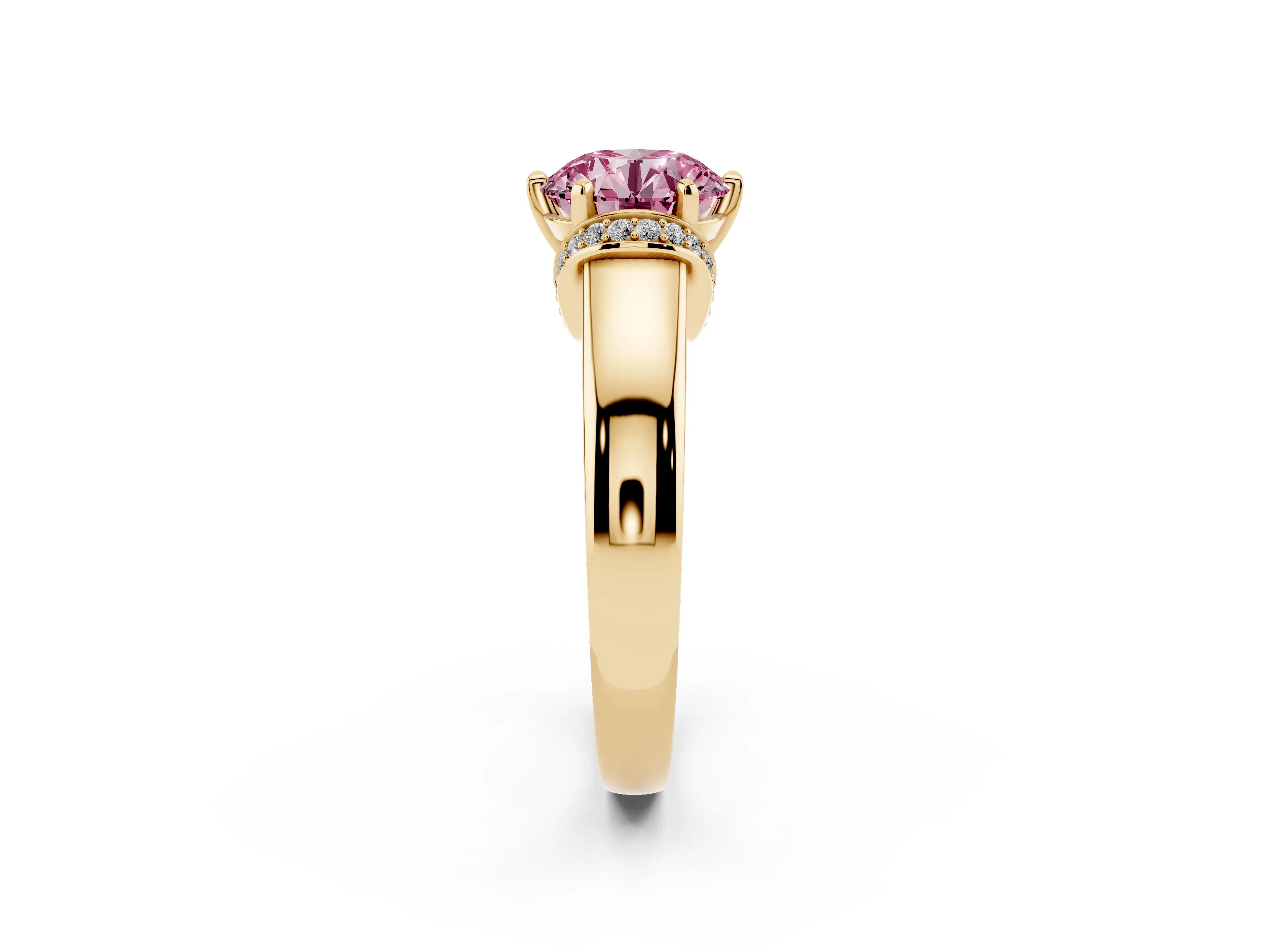Fancy Pink Round Cut Diamond Pavé Band Solitaire Ring Set in Yellow gold with Prong Setting